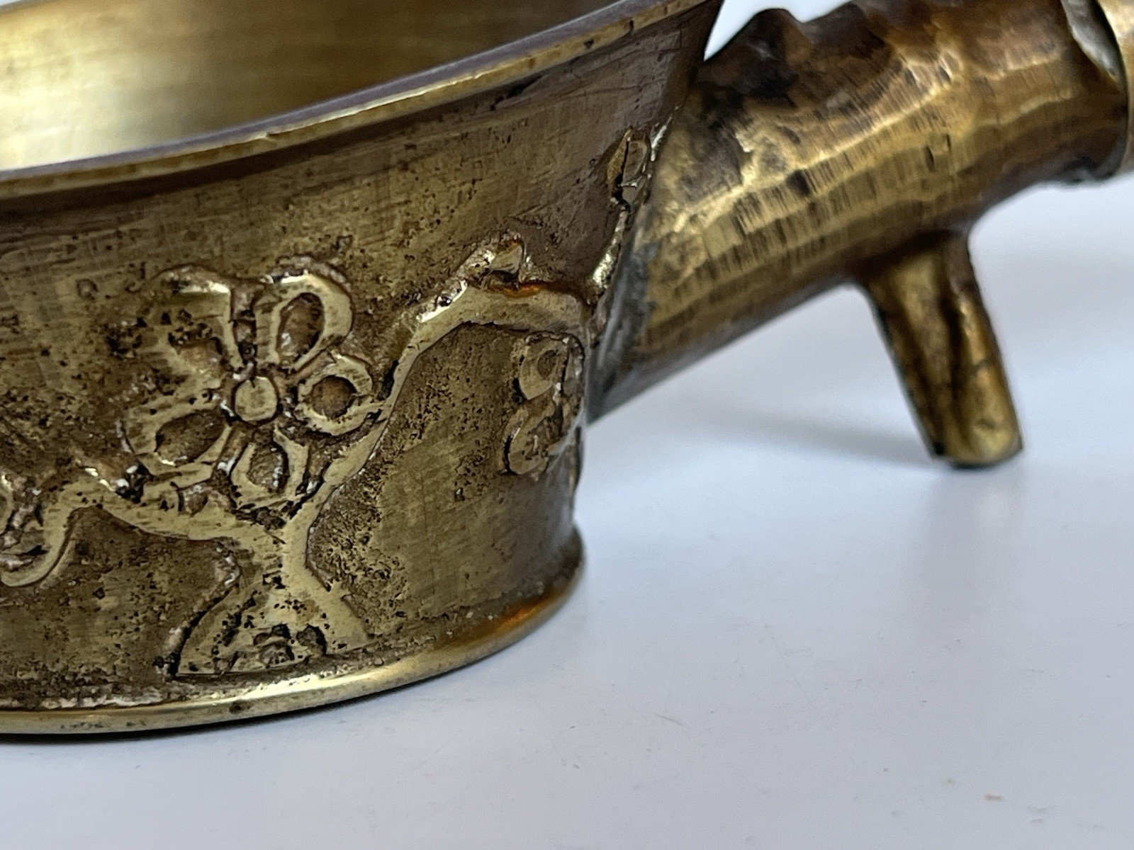 Vintage Brass Chinese Silk Coal Iron Floral Design Enamel Insets on Handle
