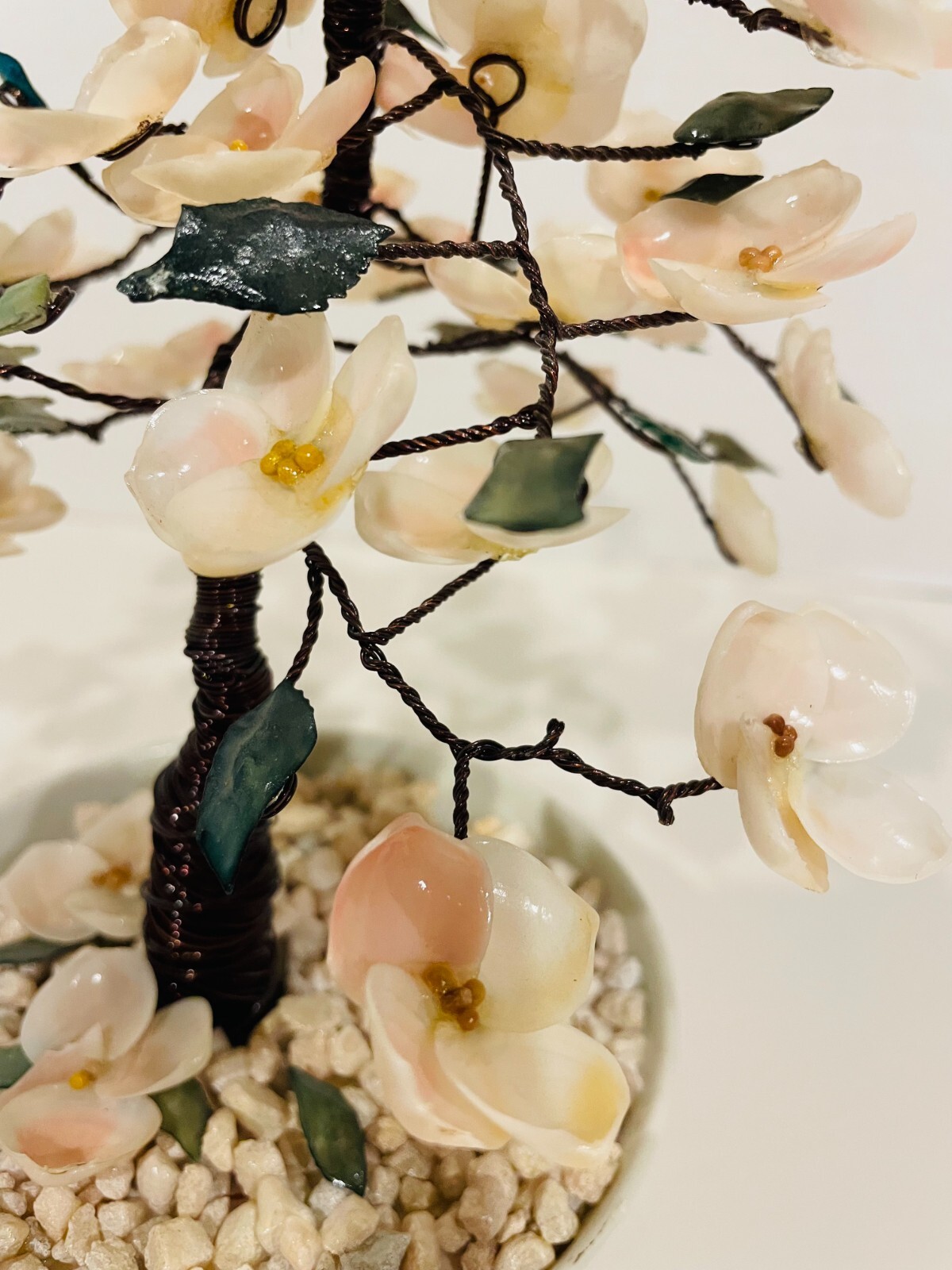 Chinese Pink Seashell & Green Glass 8″ Bonsai Tree in Cloisonné Pot