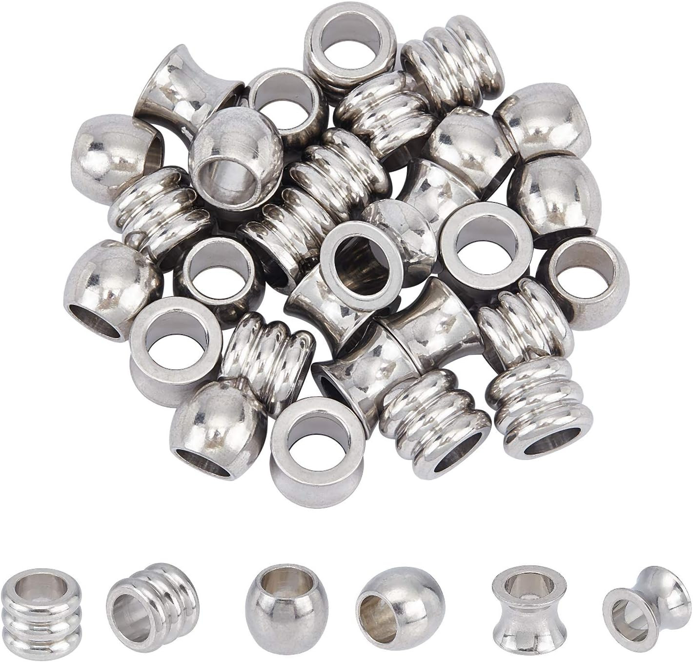 30Pcs 3 Styles Column Beads Stainless Steel Parachute Cord Bead 6Mm Large Hol…