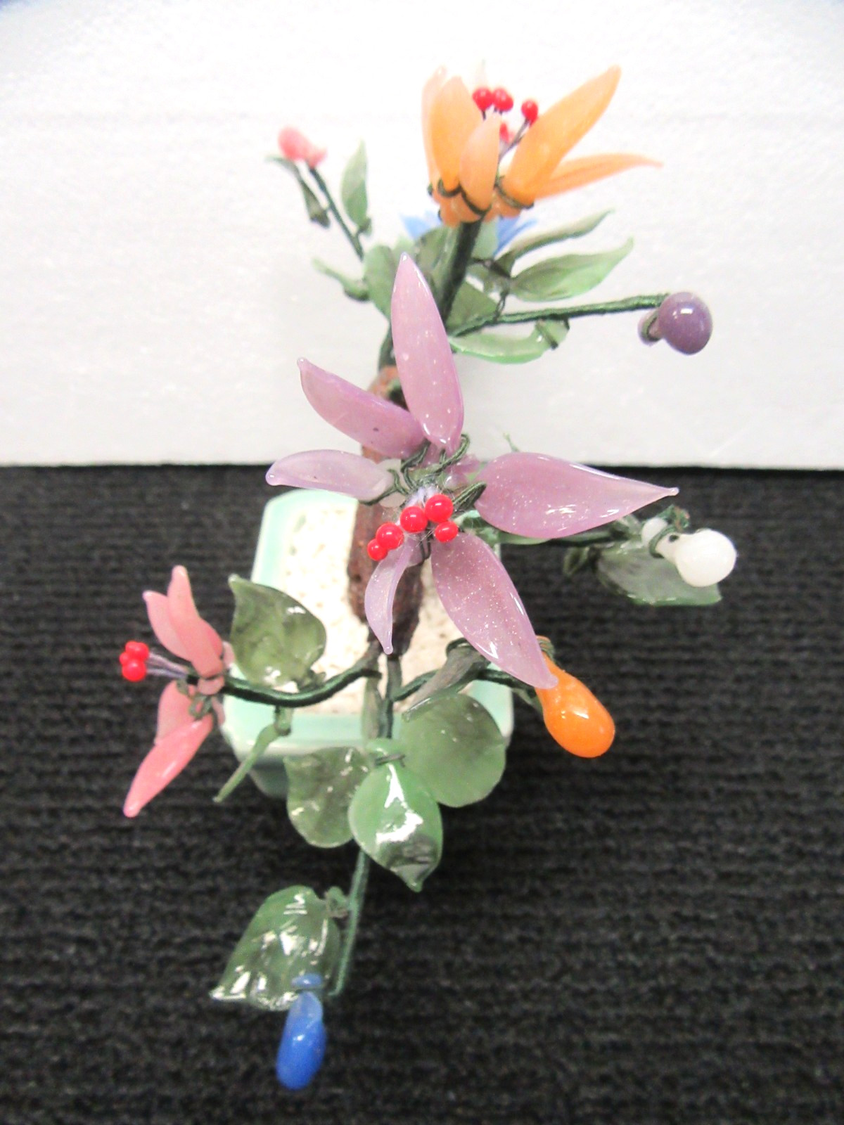 Vintage Chinese Jade Glass Bonsai Tree 10″ W x 8″ T Multi Color Flowers #NR