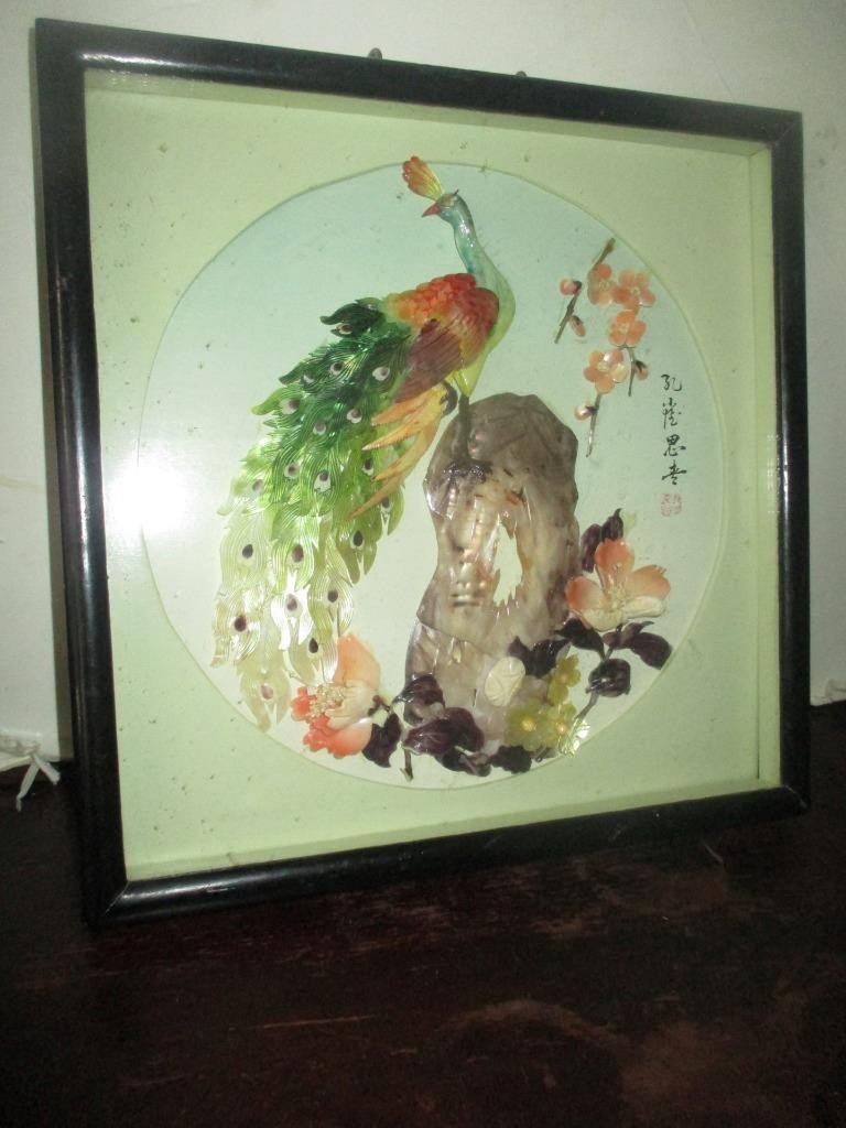 Peacock/Oriental/Picture/ Shadow Box/ Mother of Pearl/ Jade/ Shells (Signed)