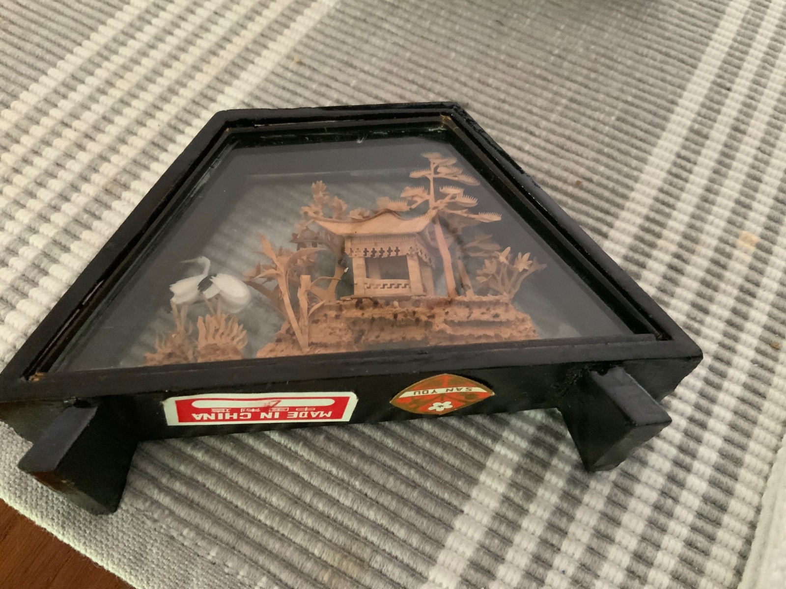 Vtg 2 Cork Dioramas 3D Mini Landscape w/ Cranes Pagoda Lacquered Wood Base