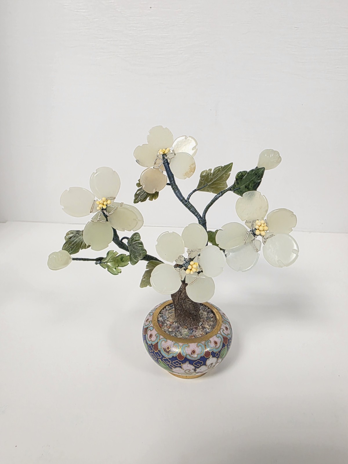 Asian Bonsai Tree Blossom Cloisonne Floral Pot White And Green Stone Jade?