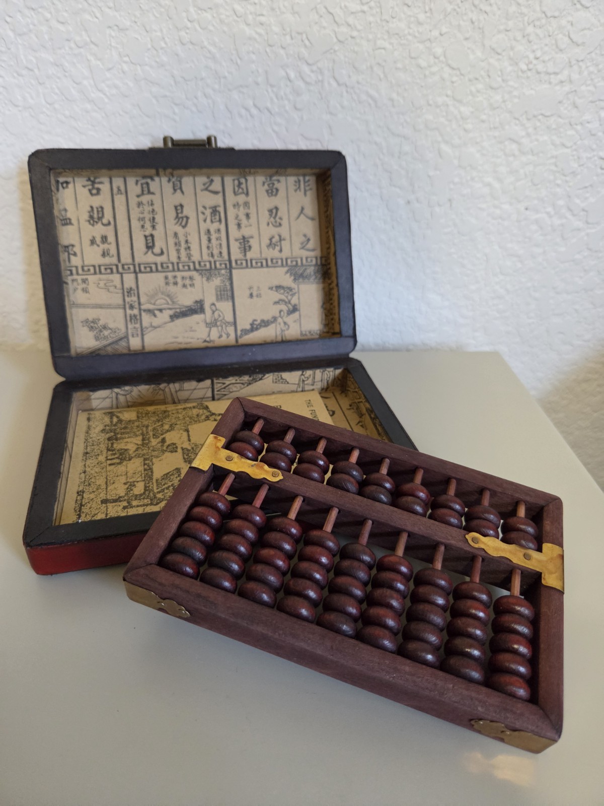 Vintage Chinese Abacus 2:5 Beads w/ Red Phoenix Dragon Brass Wood Box + Booklet