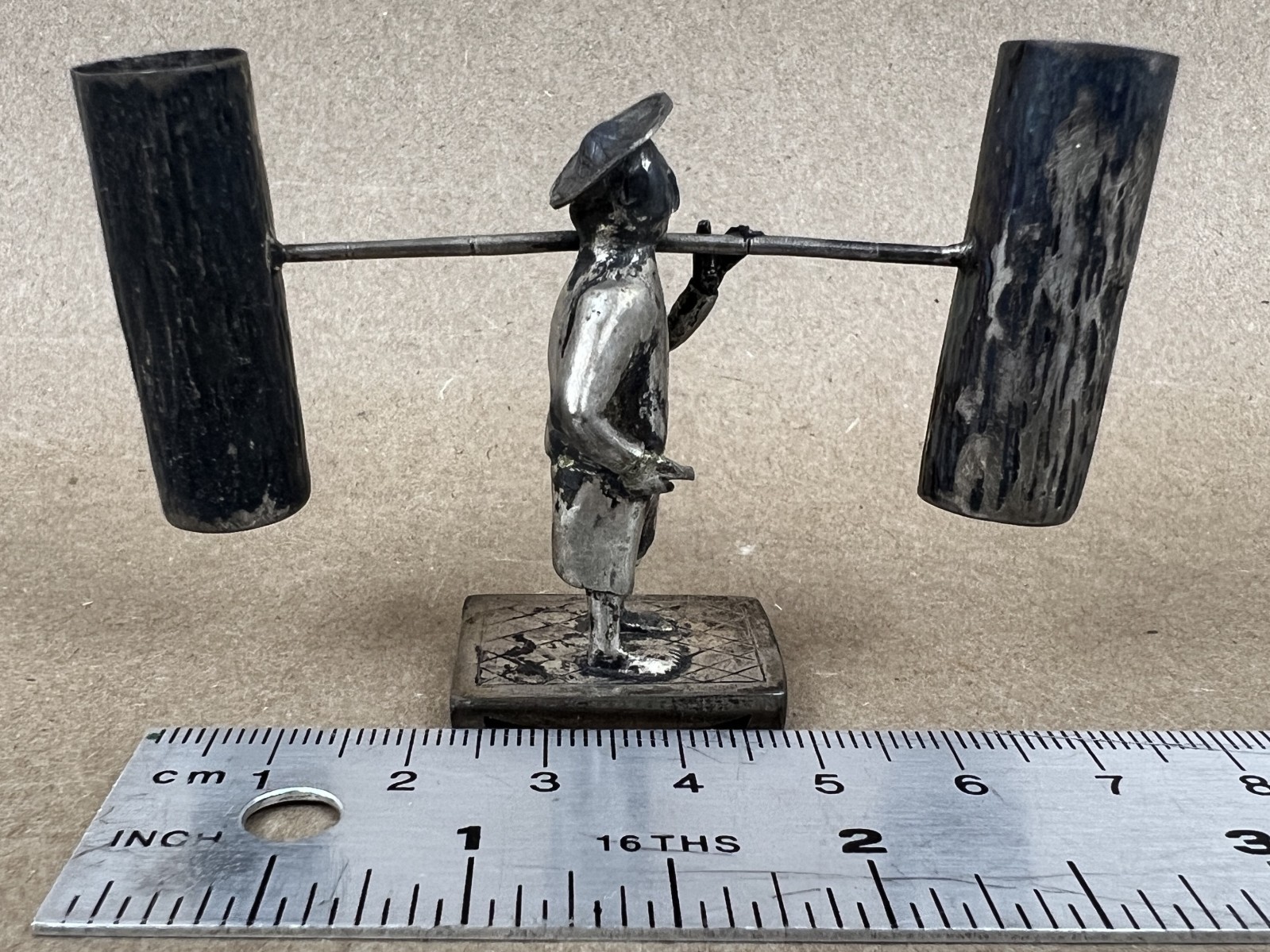 Vintage Chinese laborer tin metalwork with box, toothpick holder perhaps