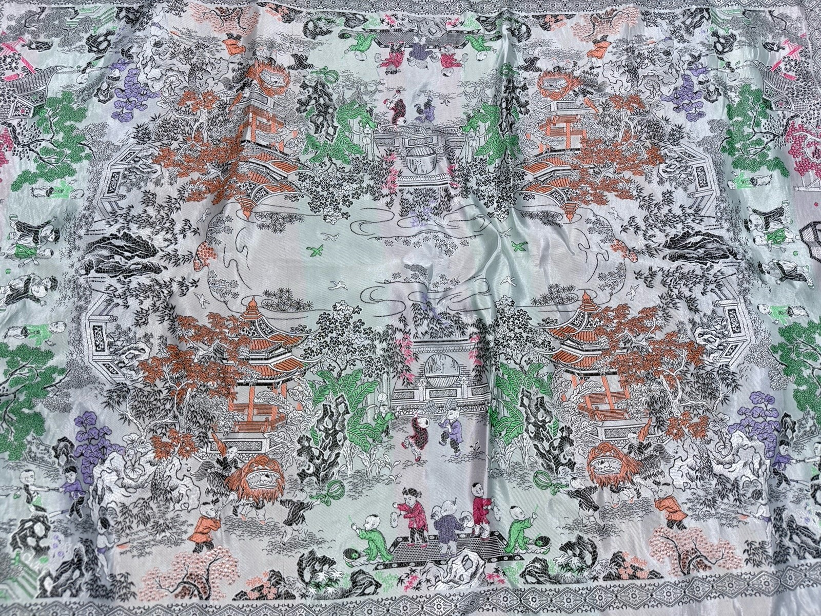 Vintage Chinese Silk Brocade Machine Woven Tablecloth 52”X34” & Watercolor Art