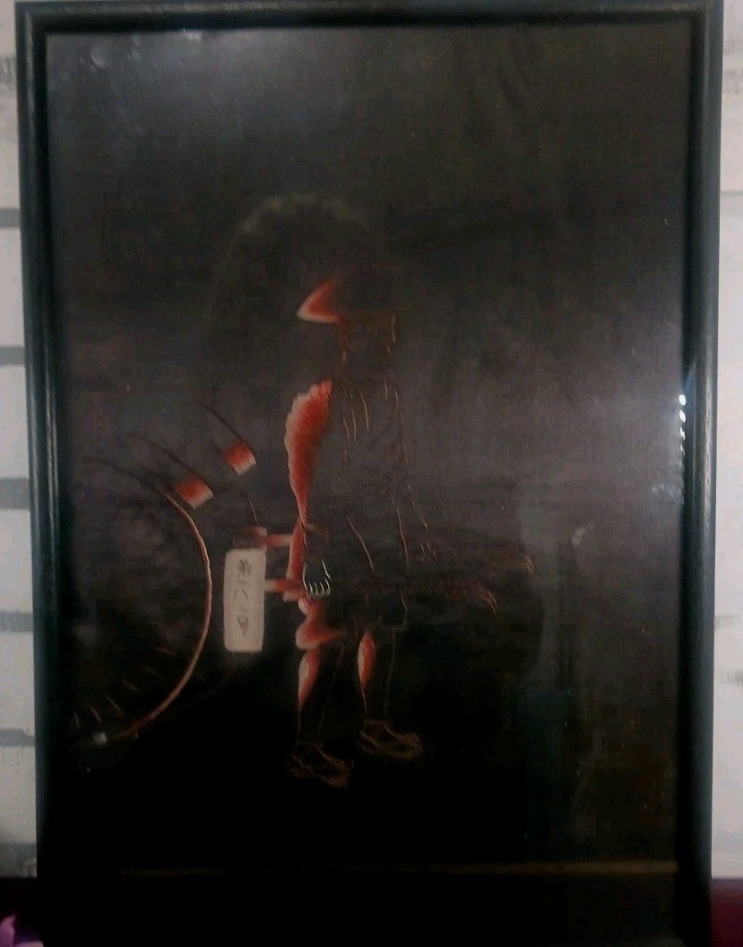 Framed Silk Embroidery Art Asian Man Pulling Cart Stitched Oriental Decor