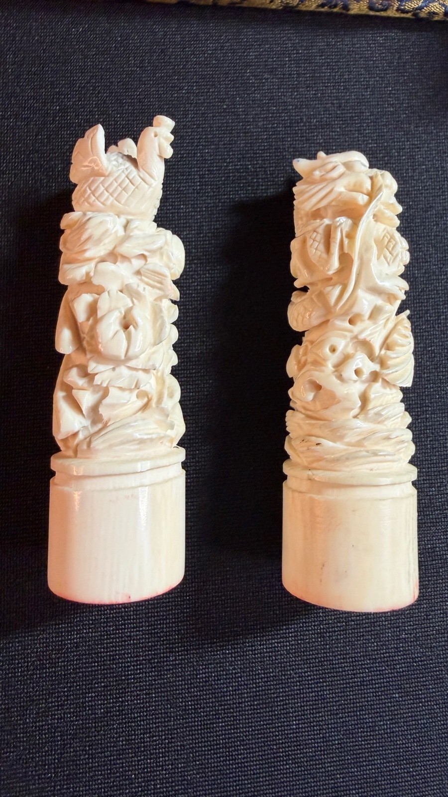Vintage Pair of Chinese Chop Stamps Hand Carved Dragon & Rooster in Box