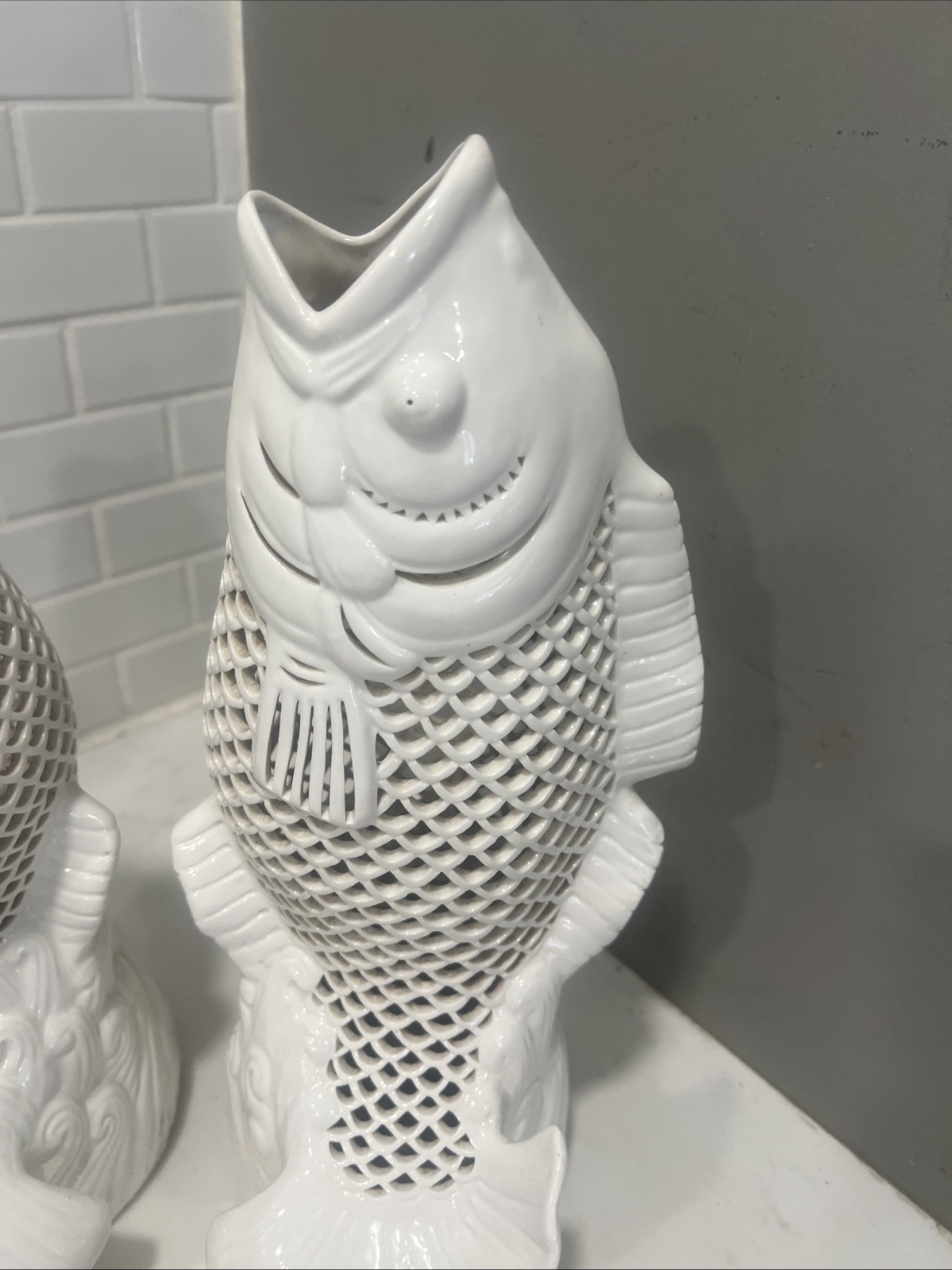 Vintage 1950s Reticulated Porcelain Blanc De Chine Fish Sculpture Pair 14” Large