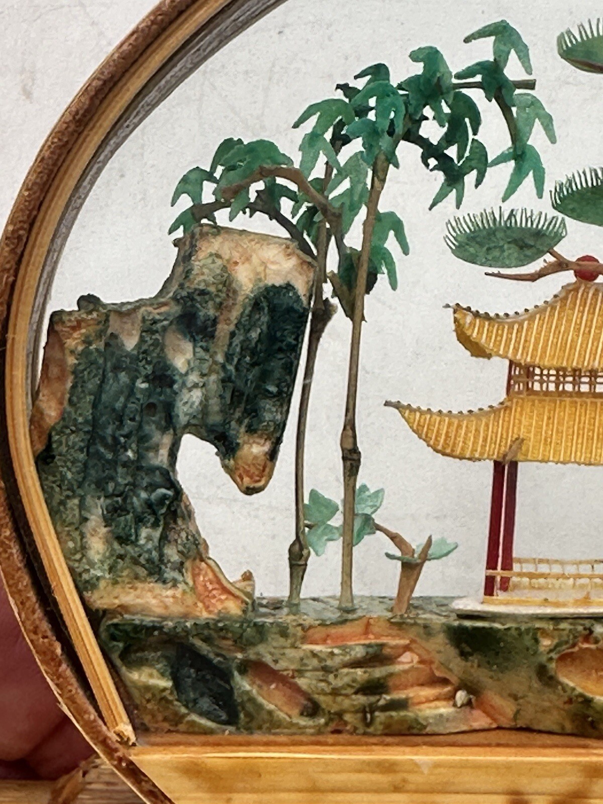Vintage Oval Chinese Hand Carved Rock Cork And Paper Diorama Wood Tone Frame 3D