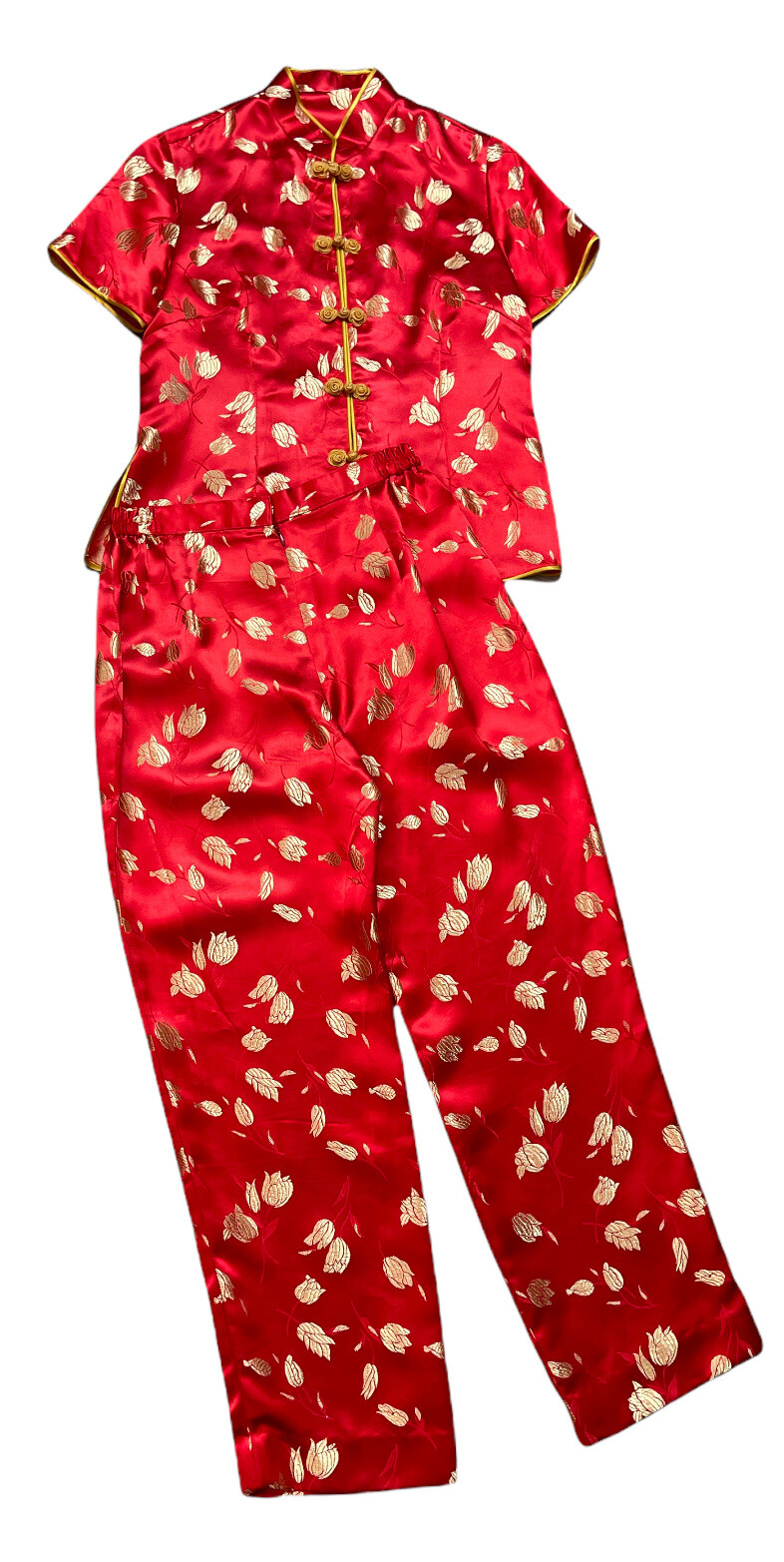 Chinese New Year Red Gold Silk Floral Top Zip Pant Outfit Womens Size M