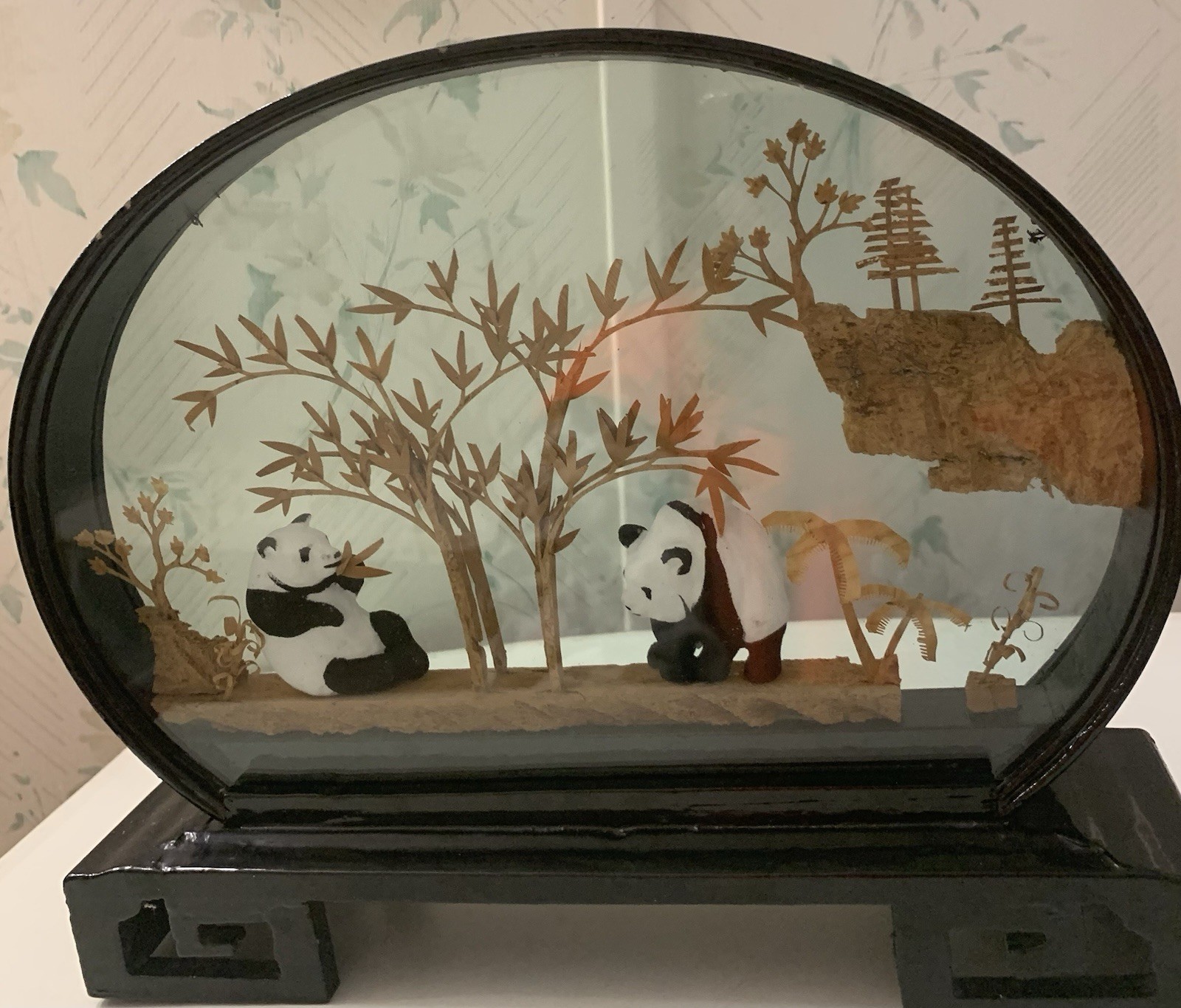 Panda Bear Vintage Collectible San You cork carve Art 3D Diorama in glass frame
