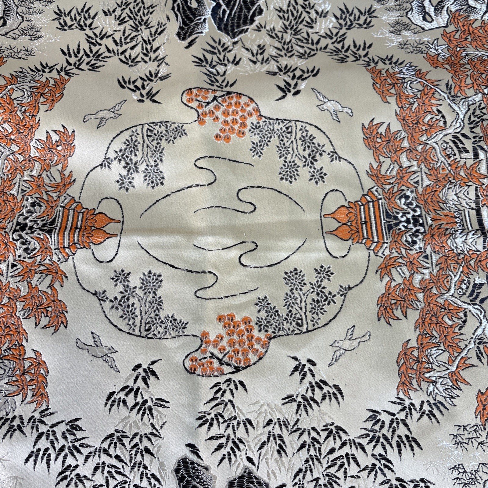 Vtg Brocaded Flowers Chinese Silk Scenic Square Tapestry Table Cloth 46″ X 48″