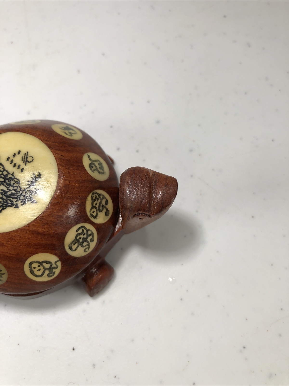 Vintage Carved Wood Turtle with Inlaid Chinese Zodiac Signs Opens to Compass