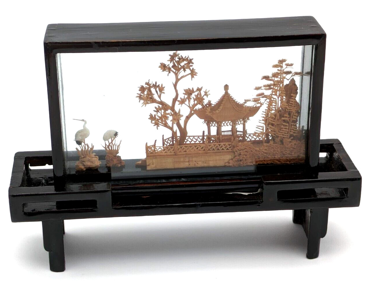 Vintage Chinese Hand Crafted Cork Diorama Garden Scene Framed Art Lacquered Wood