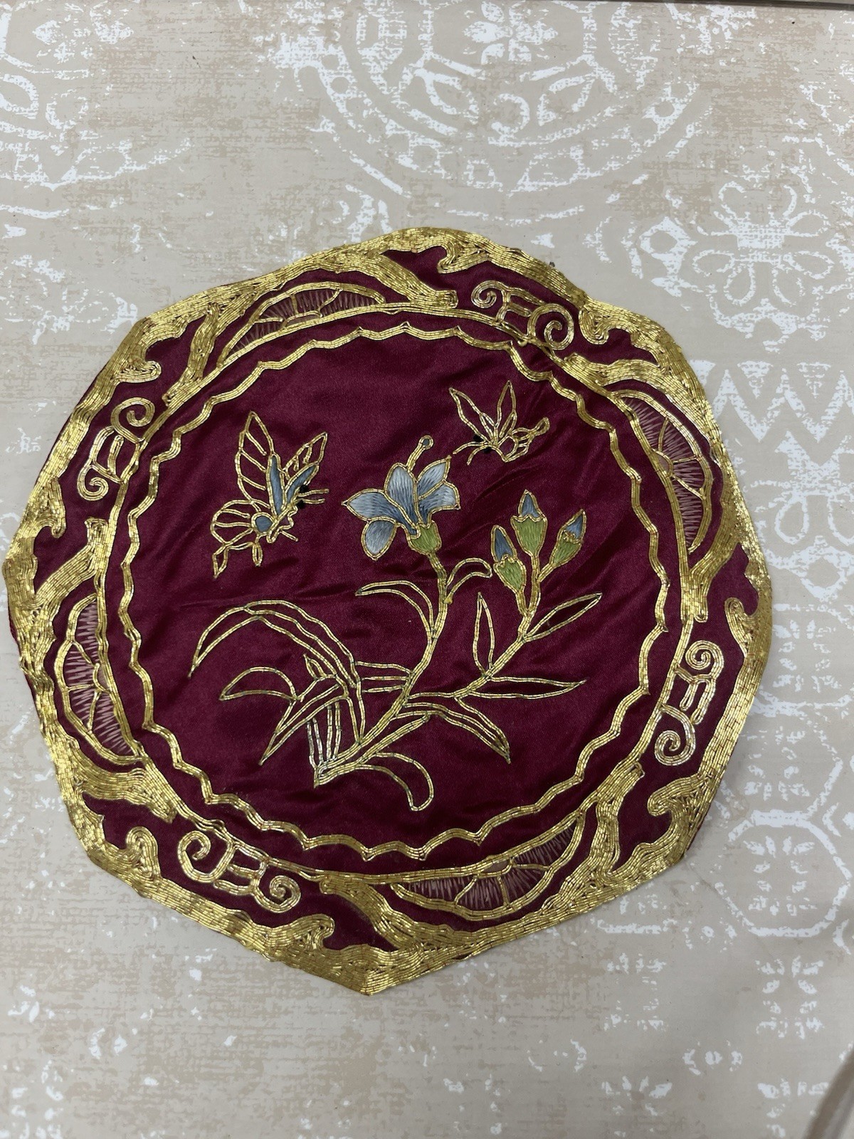 Chinese 100%Hand embroidered Embroidery Art butterfly and flower gold red