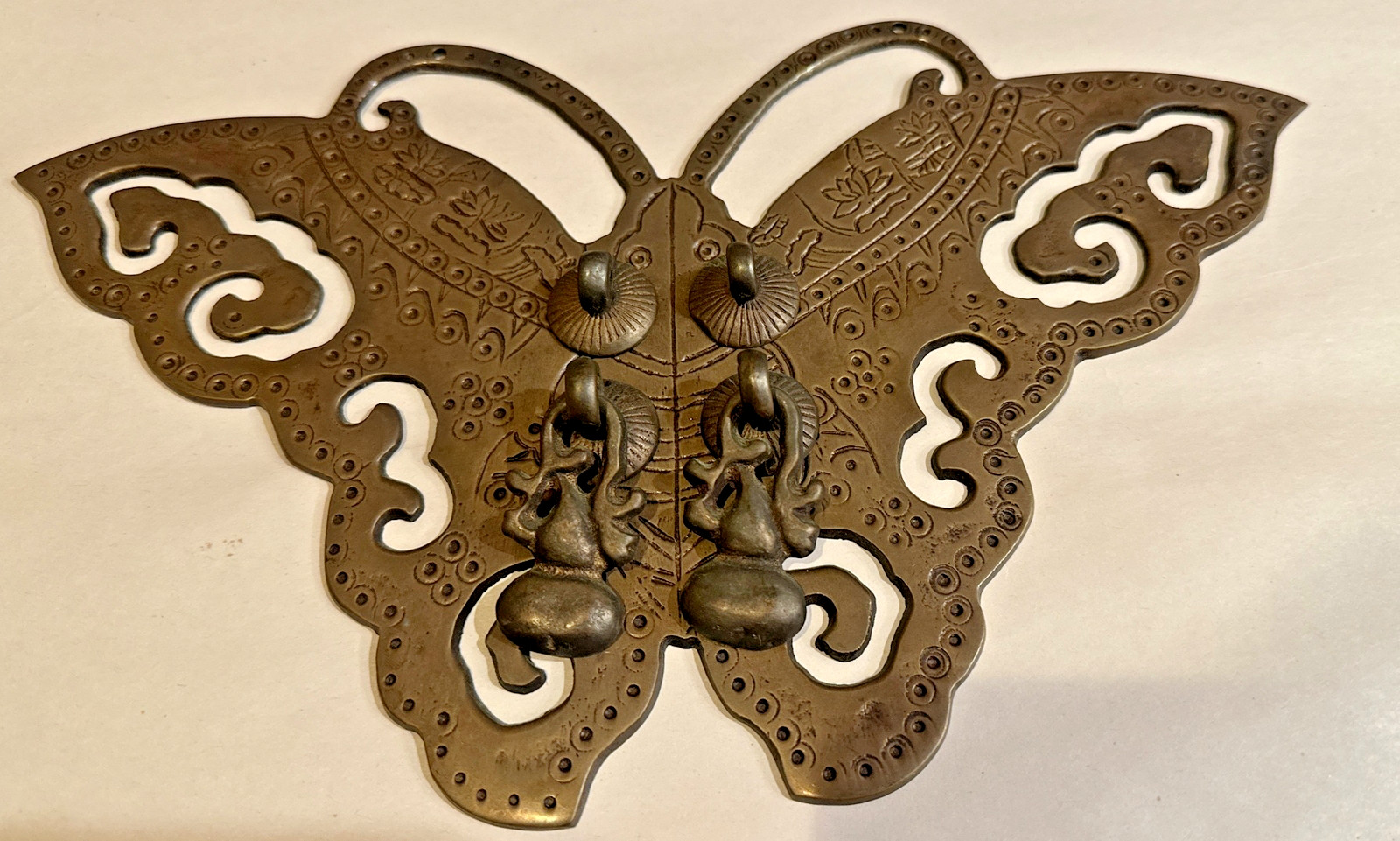 Vintage 2002 Bombay Company Wood & Brass Butterfly Gong Asian Decor -heavy