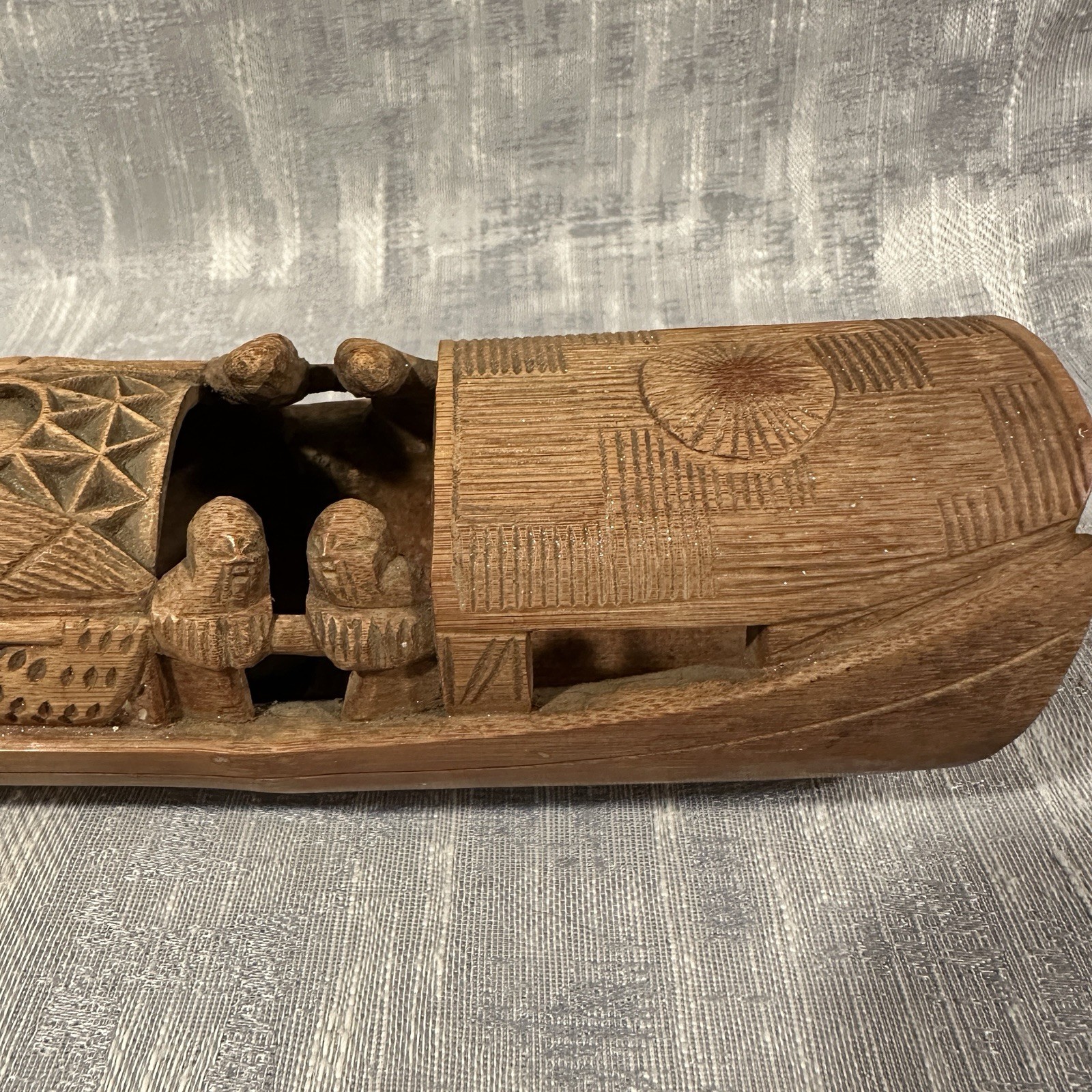 Vtg Chinese Carved Bamboo Junk Fishing Boat Copper Calligraphy Brush Tray Insert