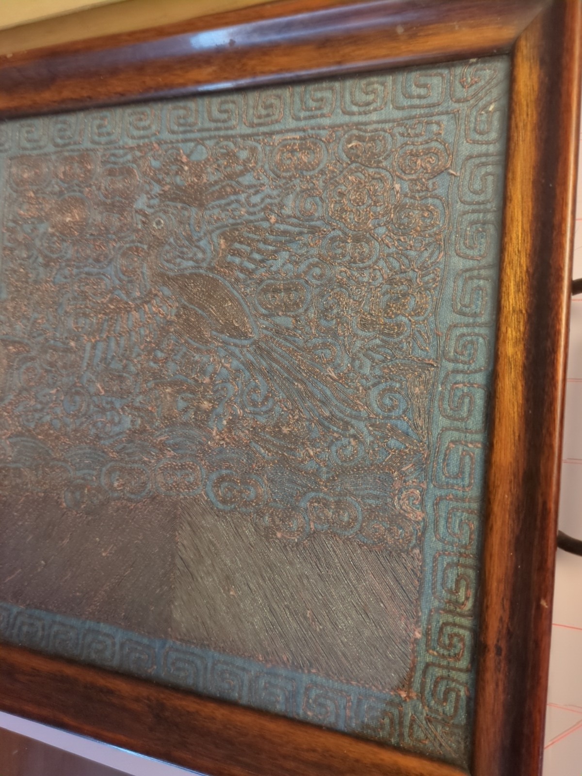 Antique Tray, Silk & Gold Thread Dragon, Framed Silk Panel
