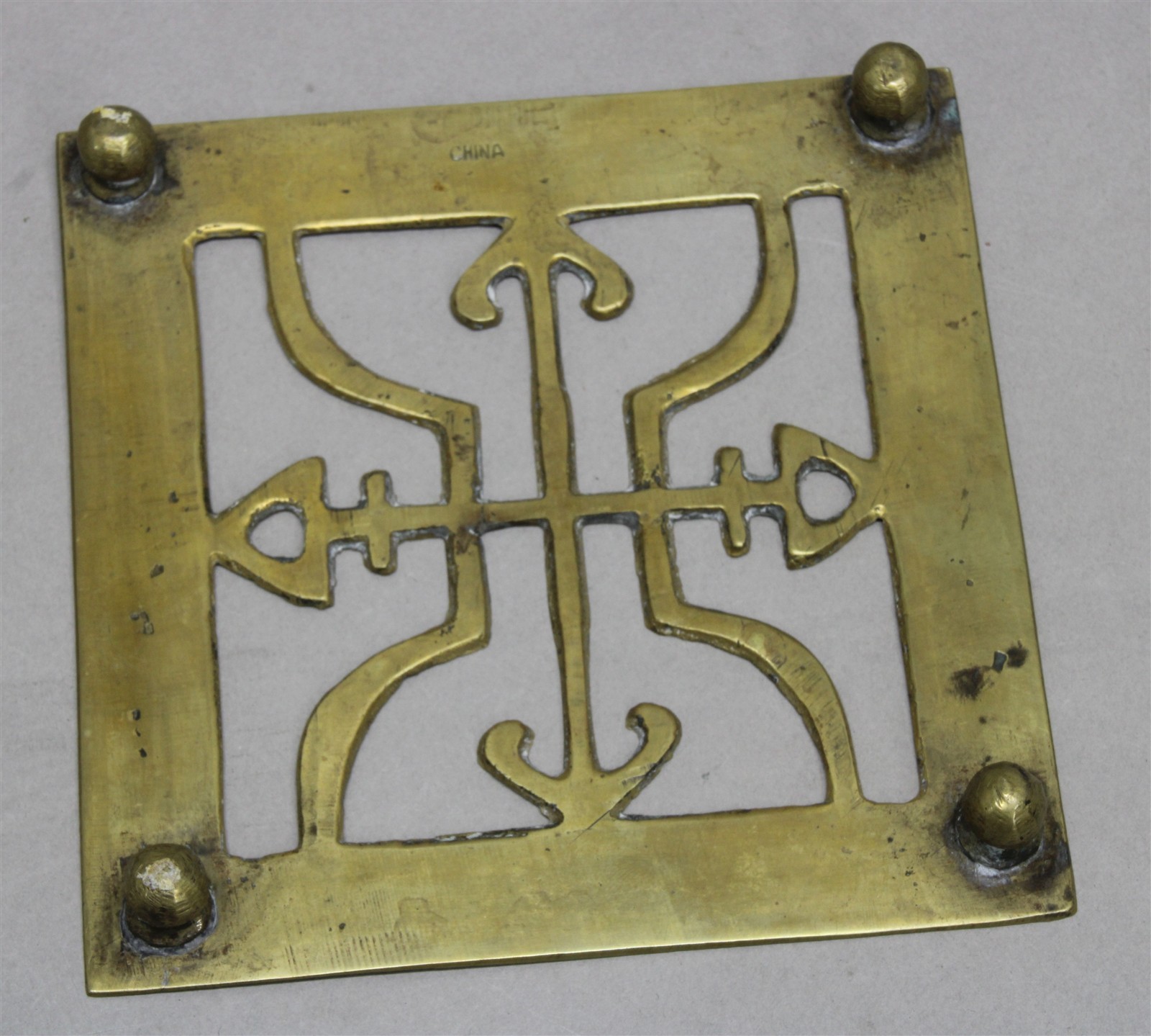 Vintage Chinese SOLID BRASS TRIVET Etched Floral & Stamped Detail 5″ Square