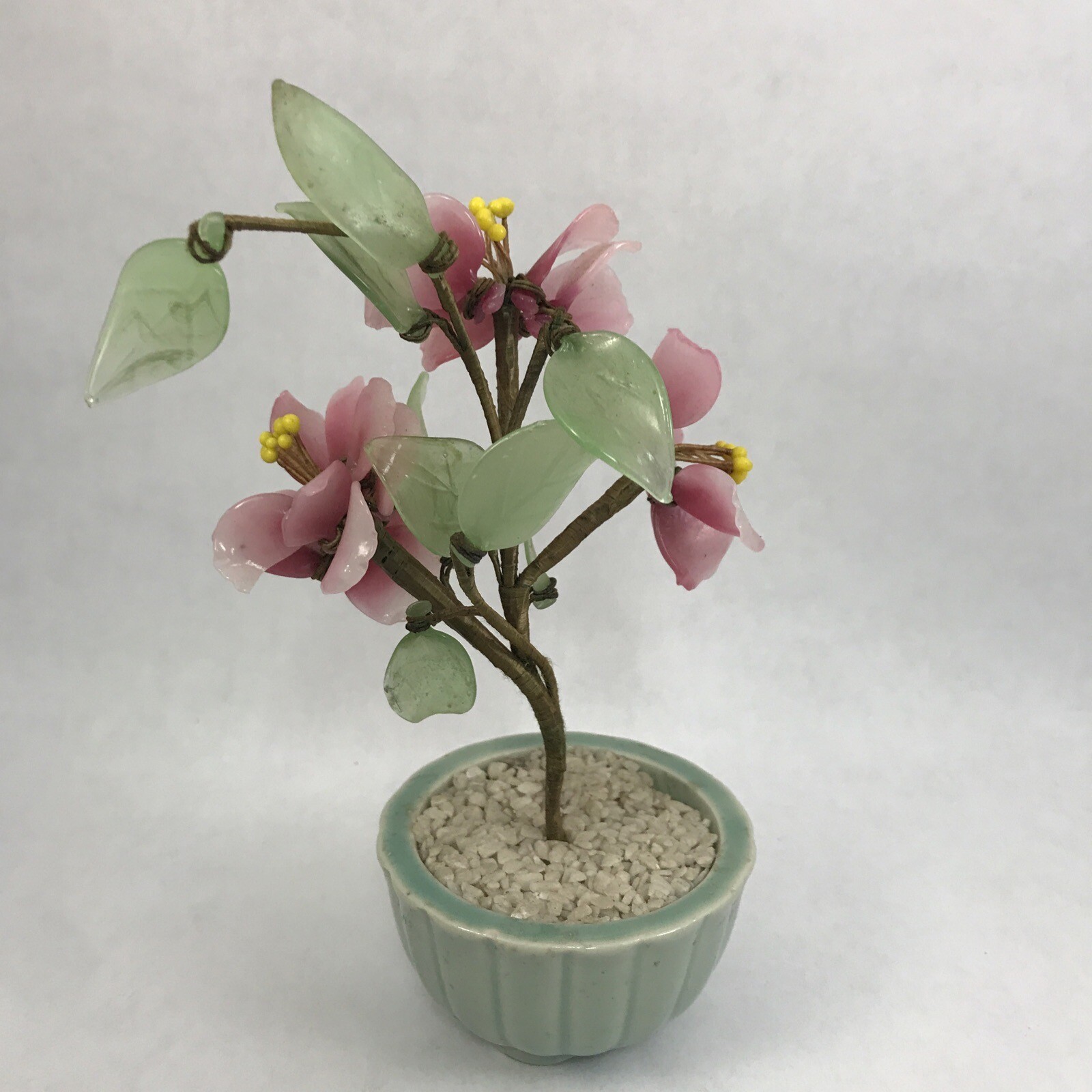 Pink Flower Decorative Asian Style Jade Glass Flowers Bonsai Plant Celadon Pot