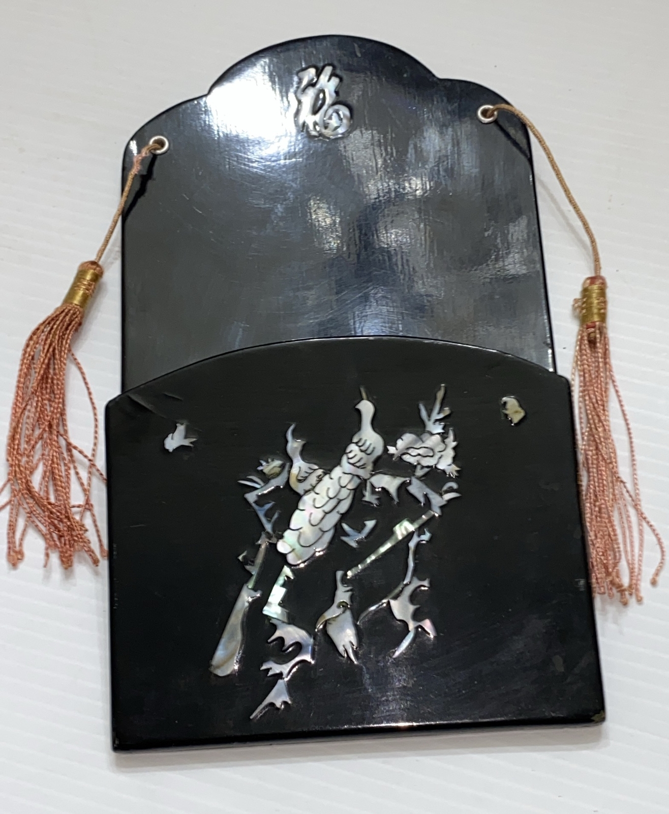 Vintage Mother Of Pearl Letter Holder Notes Oriental Style Black Wall Hanging