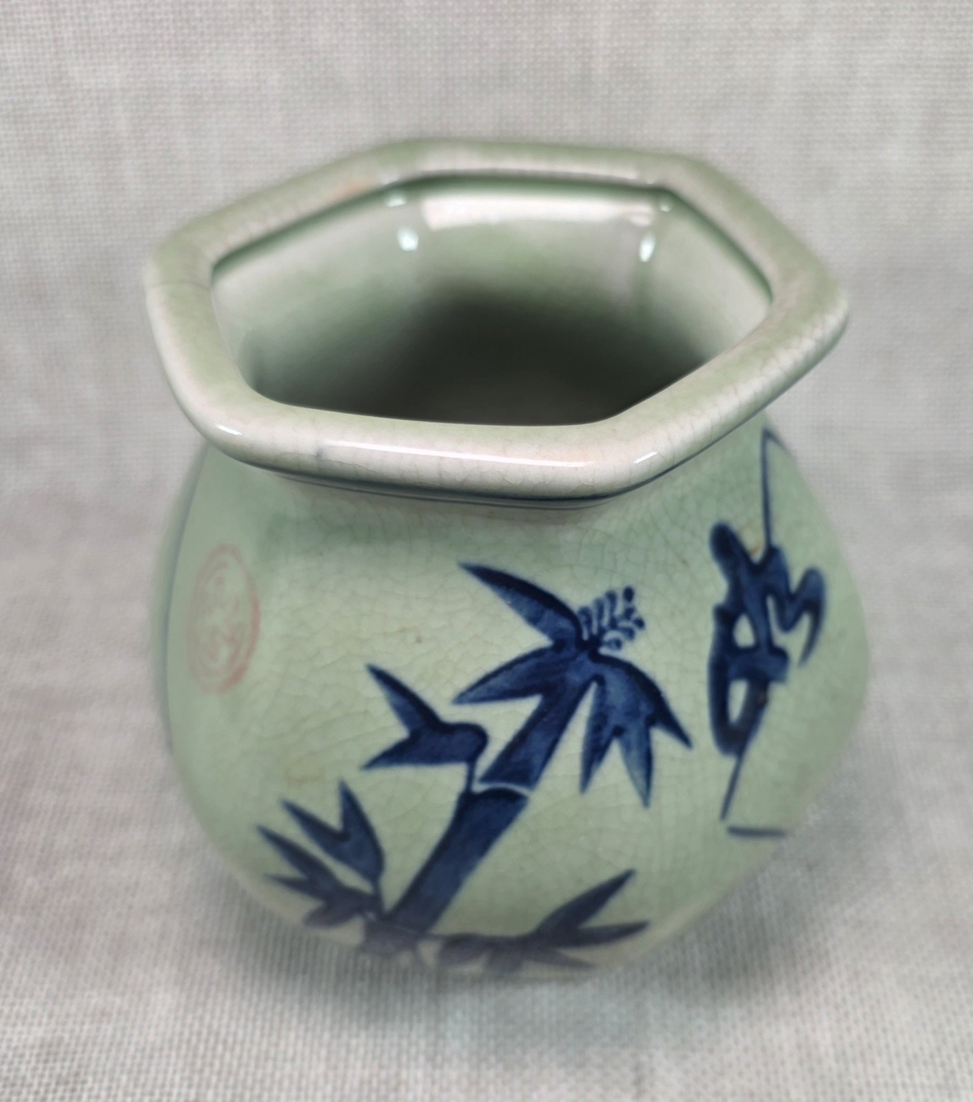 Vintage Chinese Style Celadon Crackle Glaze Bamboo Ceramic Cachepot Planter 3.5″