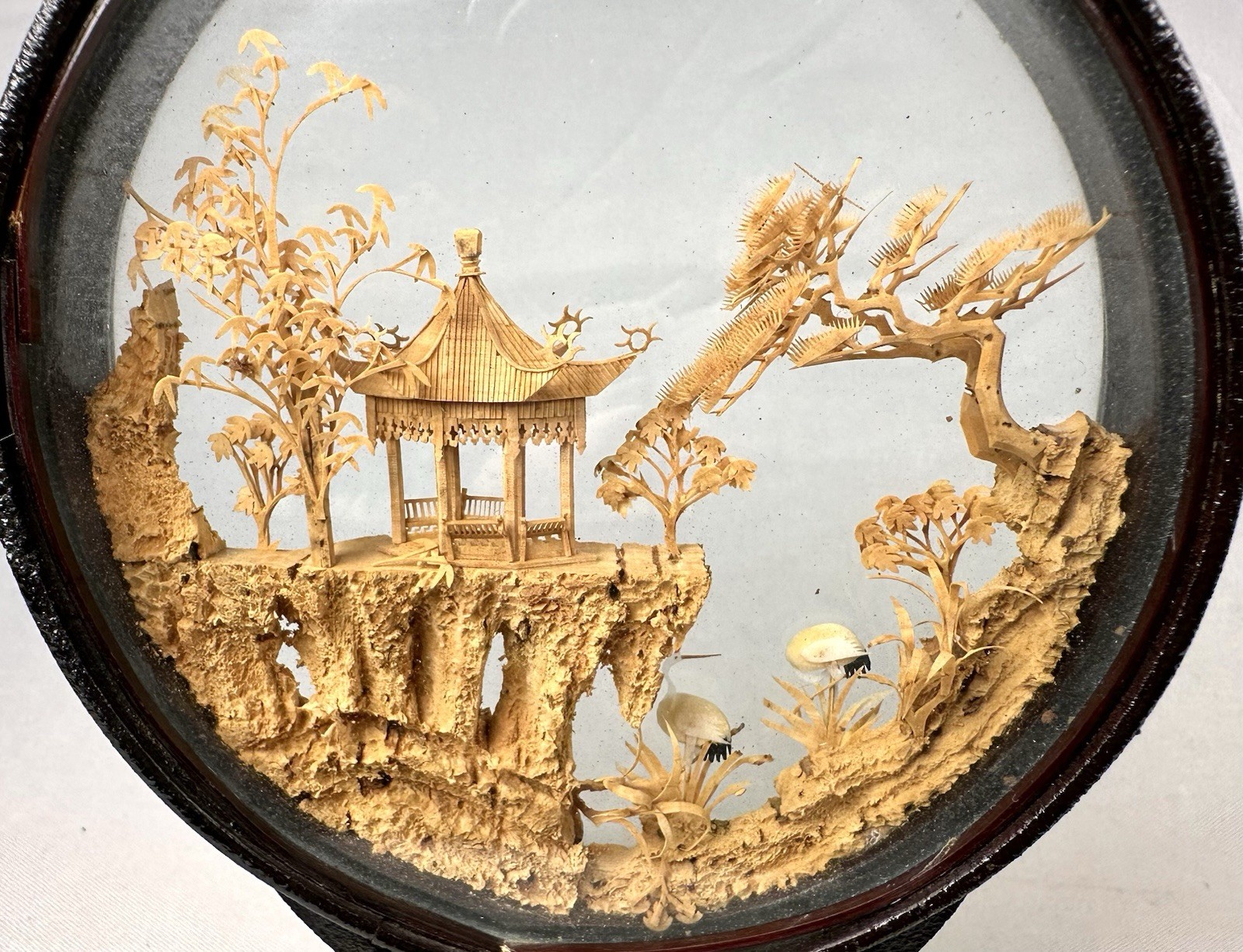 VTG Chinese Hand Carved Cork Diorama Shadow Box Asian Art Pagoda Cranes Trees