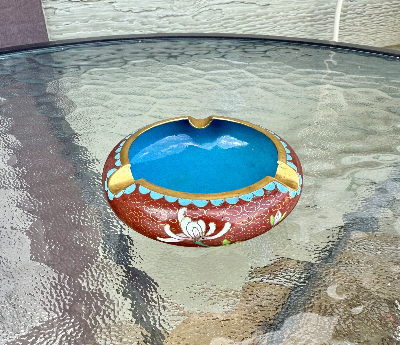 Vintage Chinese Asian Floral Cloisonné Enamel Brass Ashtray Beautiful Colors