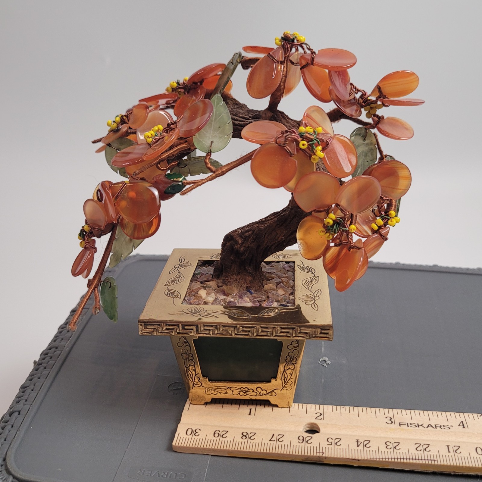 CHINESE HARDSTONE BONSAI TREE w/ CARNELIAN FLOWER/NEPHRITE INLAID JADE HONG KONG