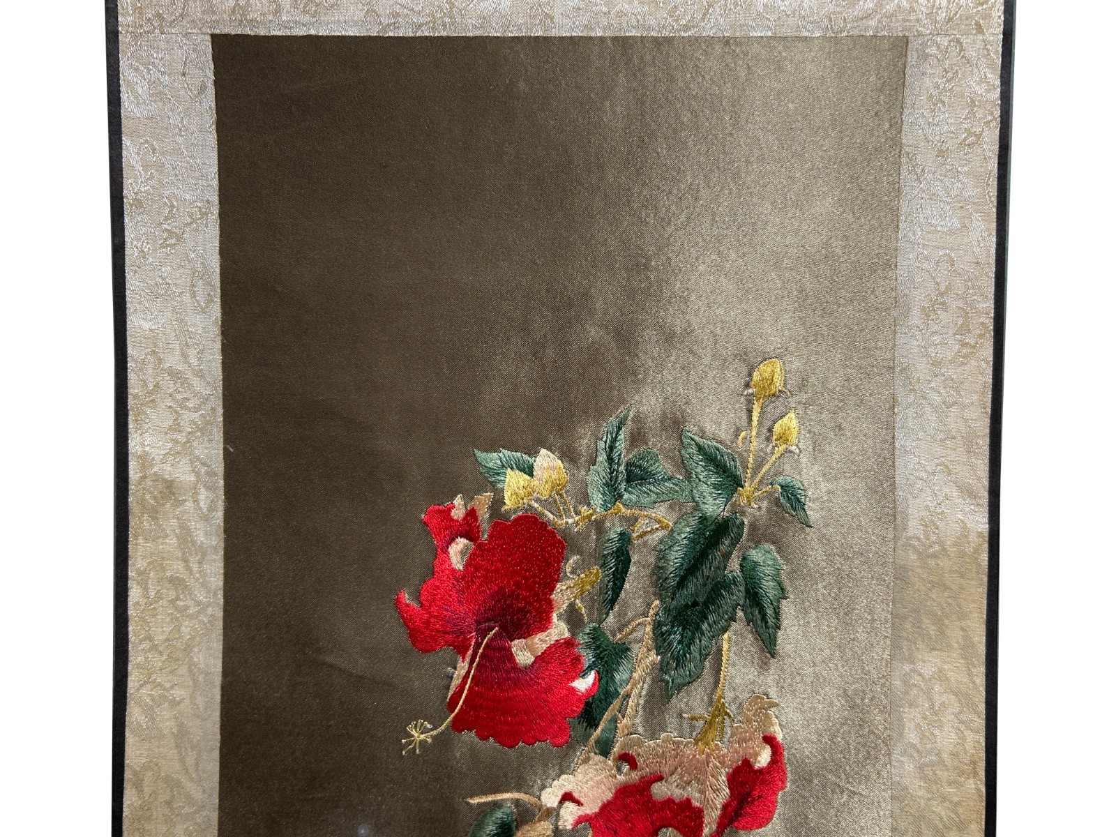 Chinese Red Flower Vase Embroidery Scroll Painting Wall Art ws4778
