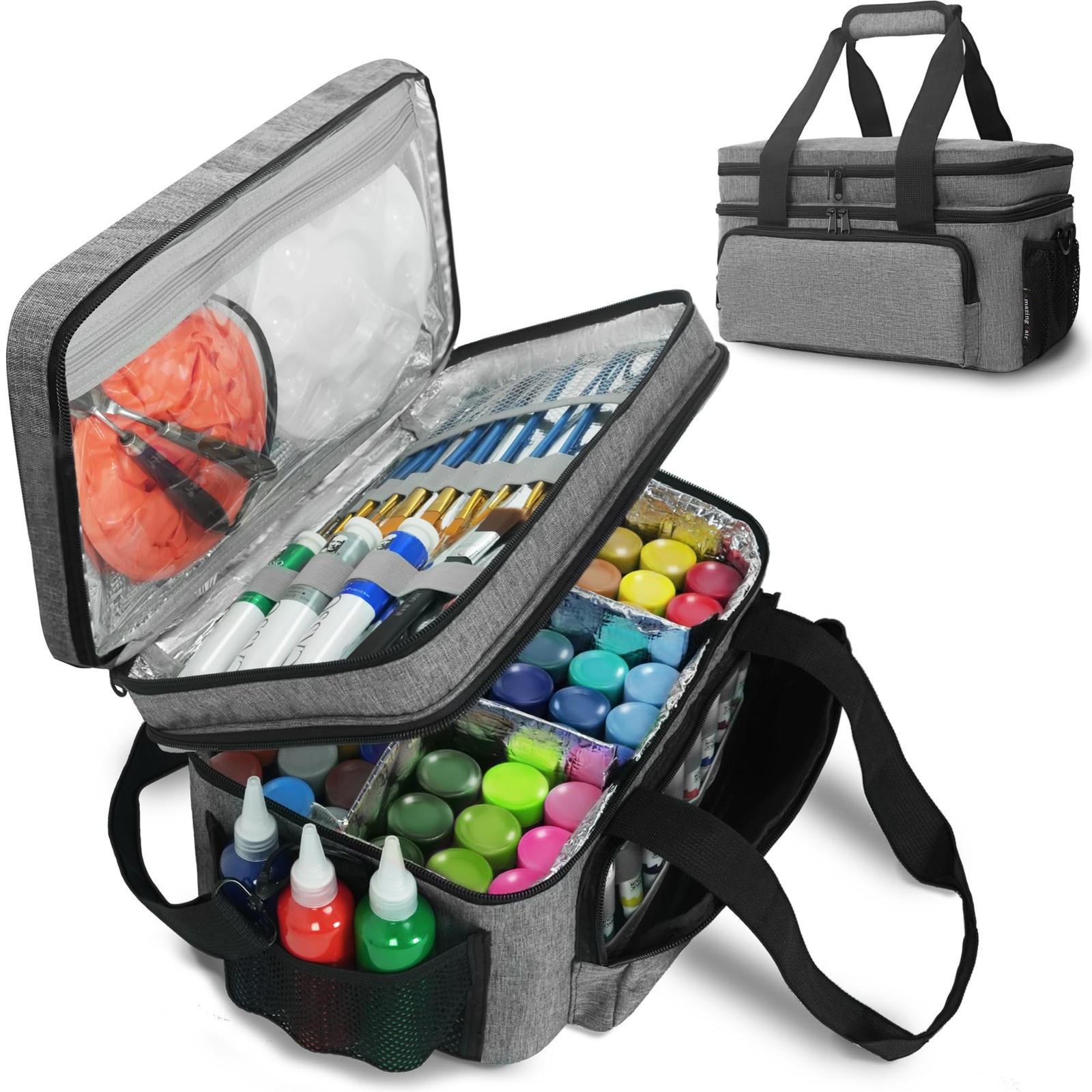 Acrylic Paint Organizer Bag – Holds 54 Bottles (2 oz), Art Supply Grey