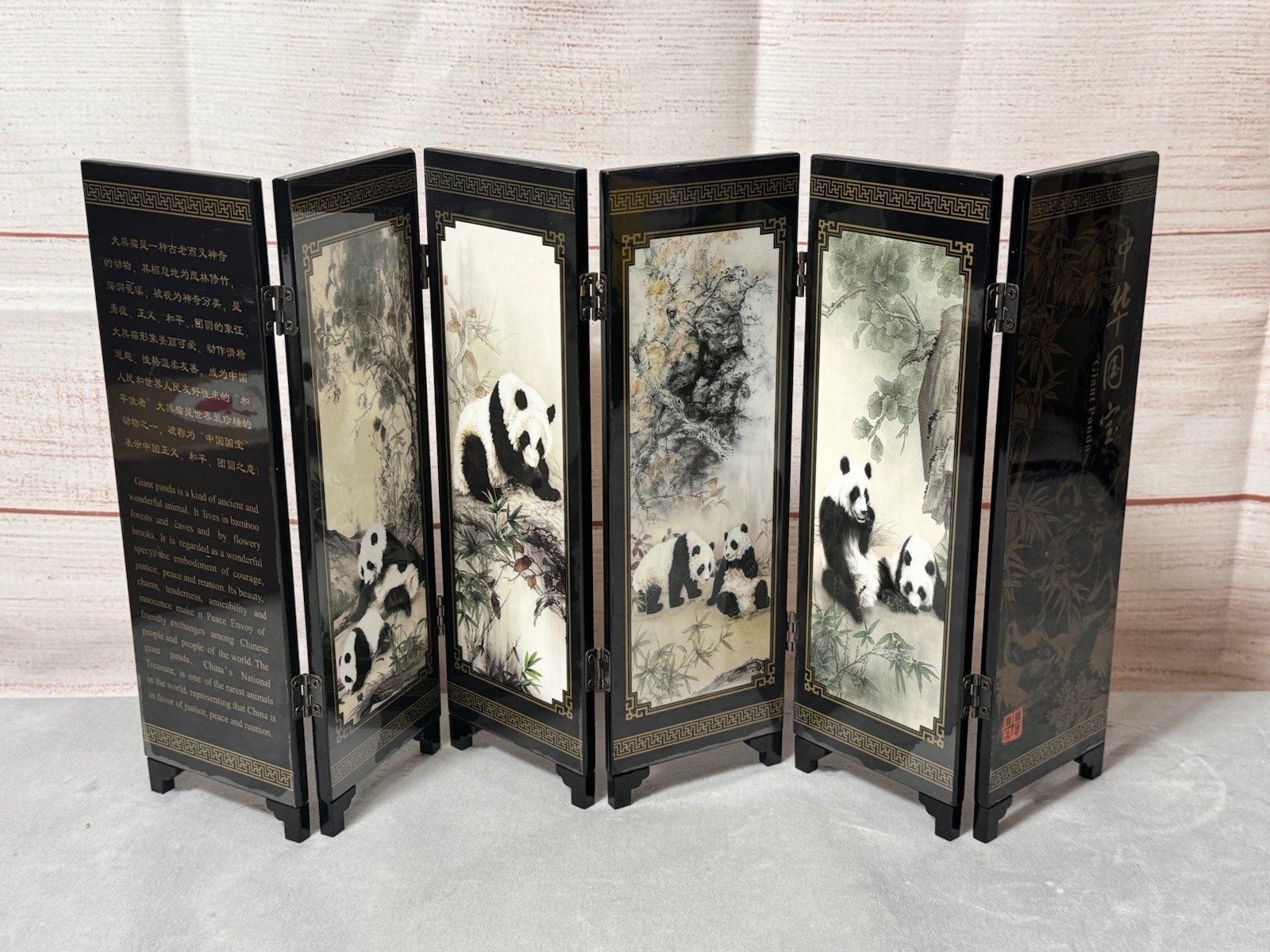 MINI ASIAN ORIENTAL 6 PANEL TABLETOP ROOM DIVIDER LACQUERED Pandas