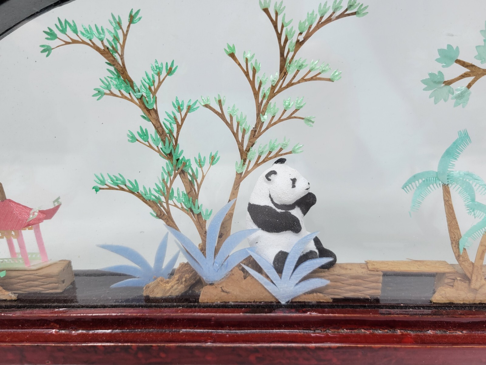 Vintage Chinese SAN YOU Diorama Art Pagoda With Trees & Pandas 1980s 14″ By 7″