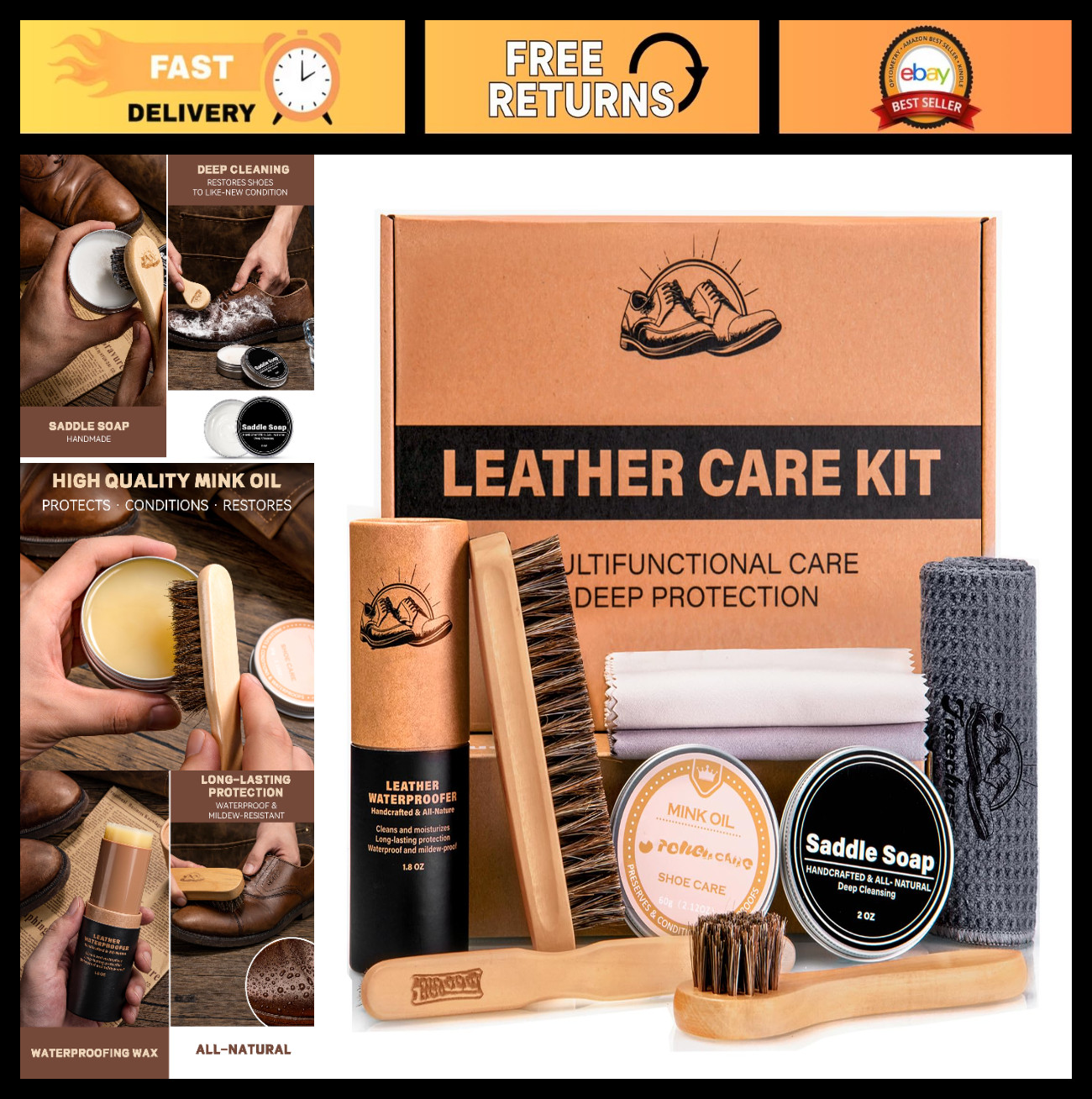 Leather Cleaner & Conditioner Kit – Saddle Soap, Mink Oil, Waterproof Wax, Shoe