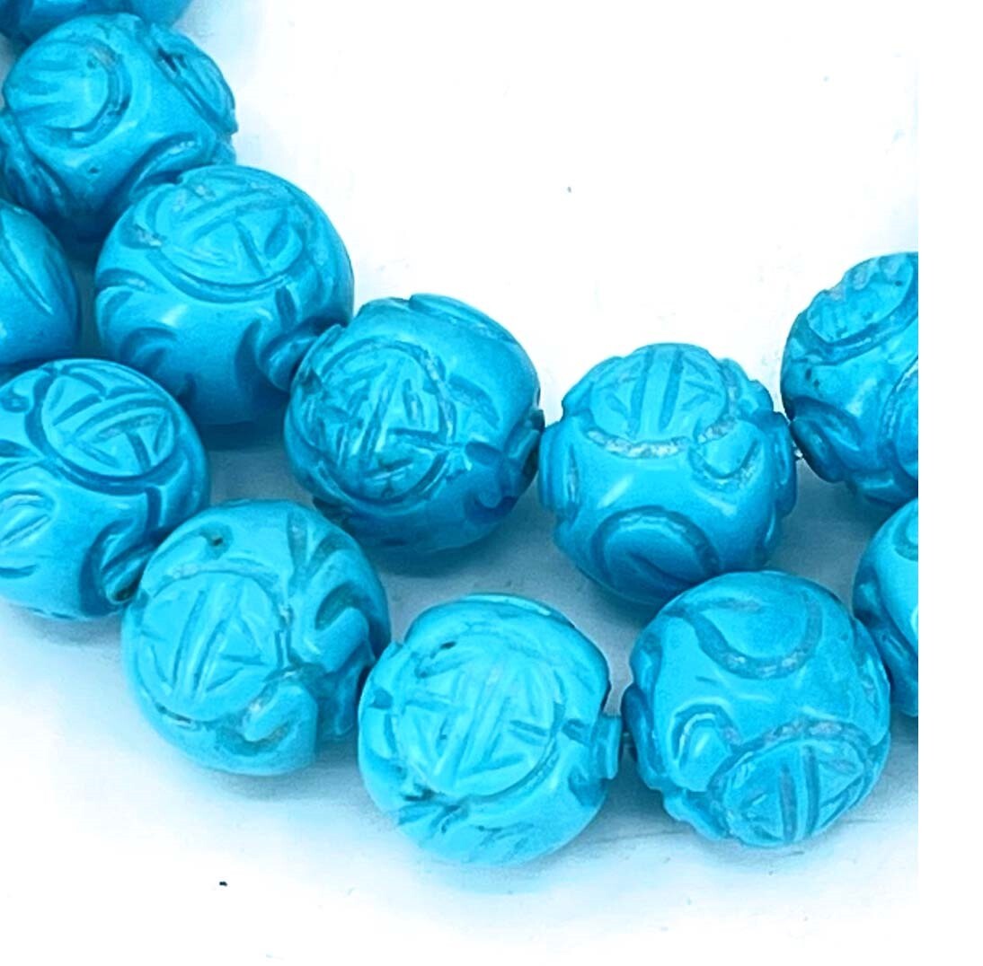 8 Hand Carved Flower Blue Turquoise Round Beads 12mm