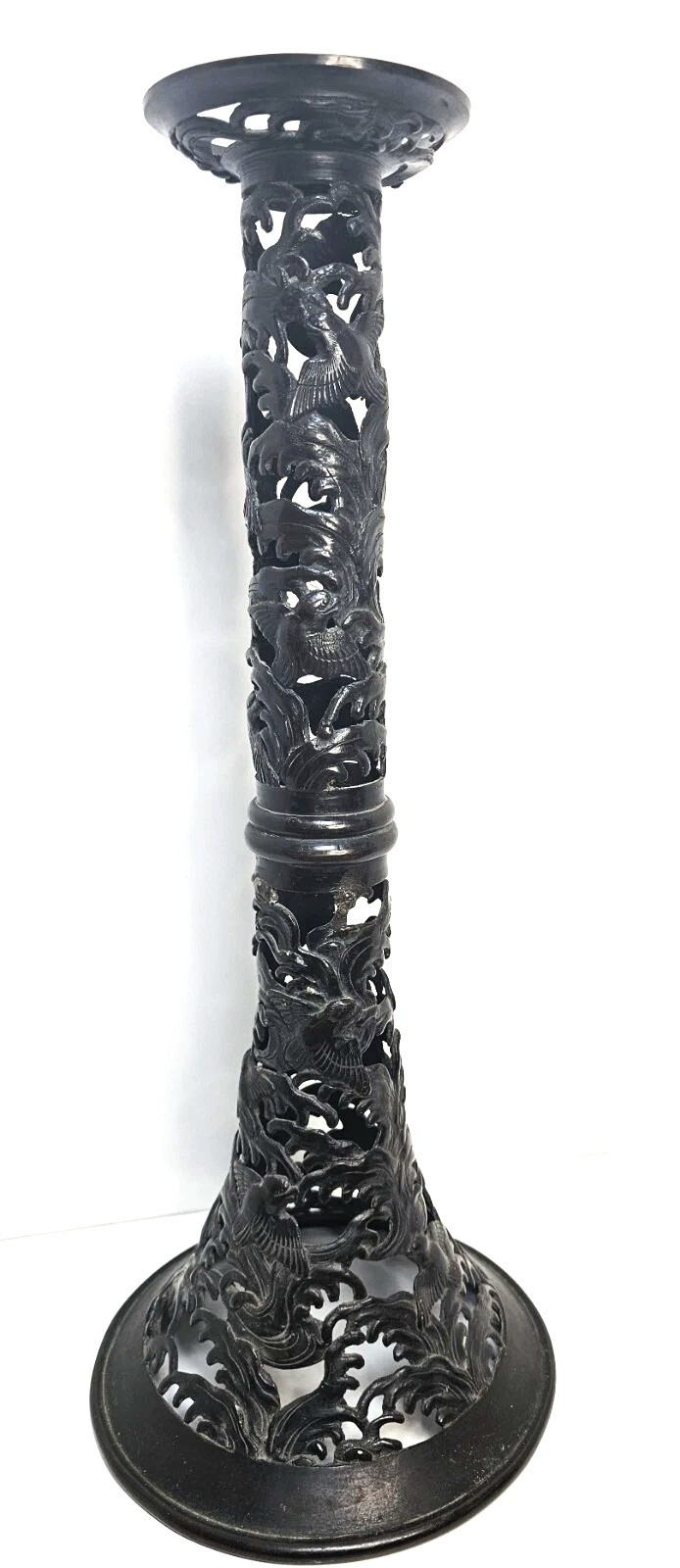 Chinese Black Bronze Openwork Tall Candlestick Motif Vintage
