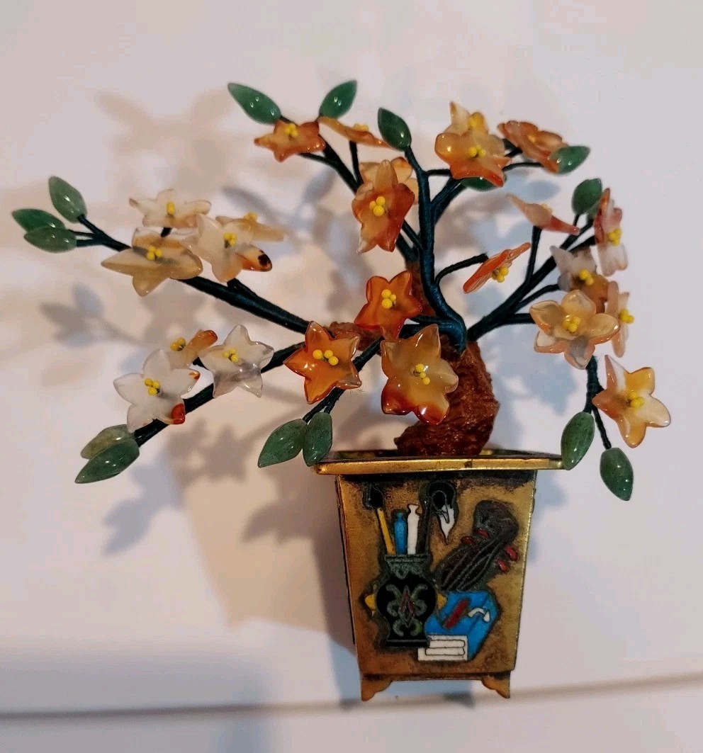 Vintage Carved Jade Tree Bonsai Flowers Cloisonne Planter Gemstones Carnelian