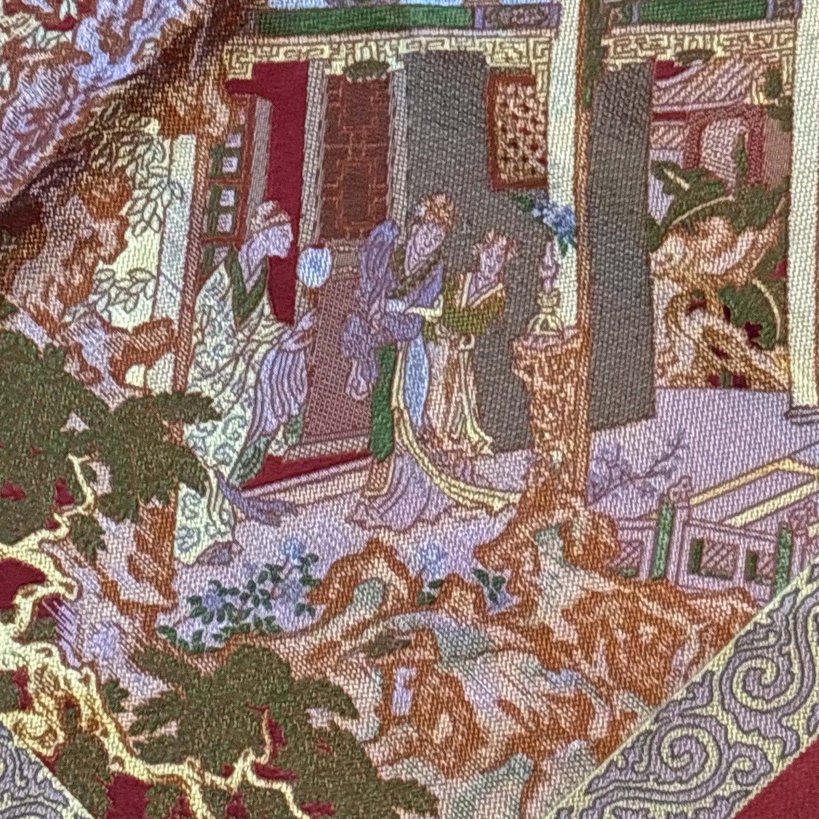 Vintage Chinese Silk Brocade Tablecloth fringe Tapestry Embroidery 38” x 37”
