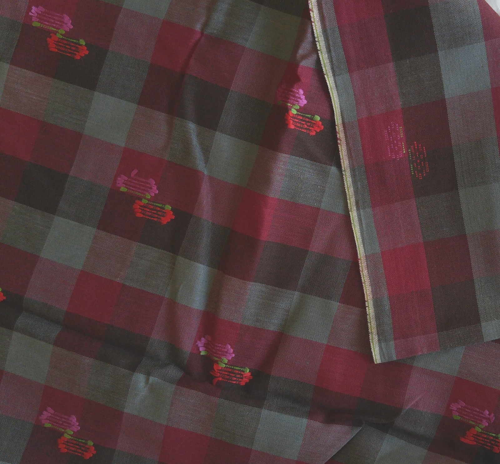 Cotton Check Plaid Shirt Fabric Maroon Brown Grey Embroidered 45″W x 3 Yards