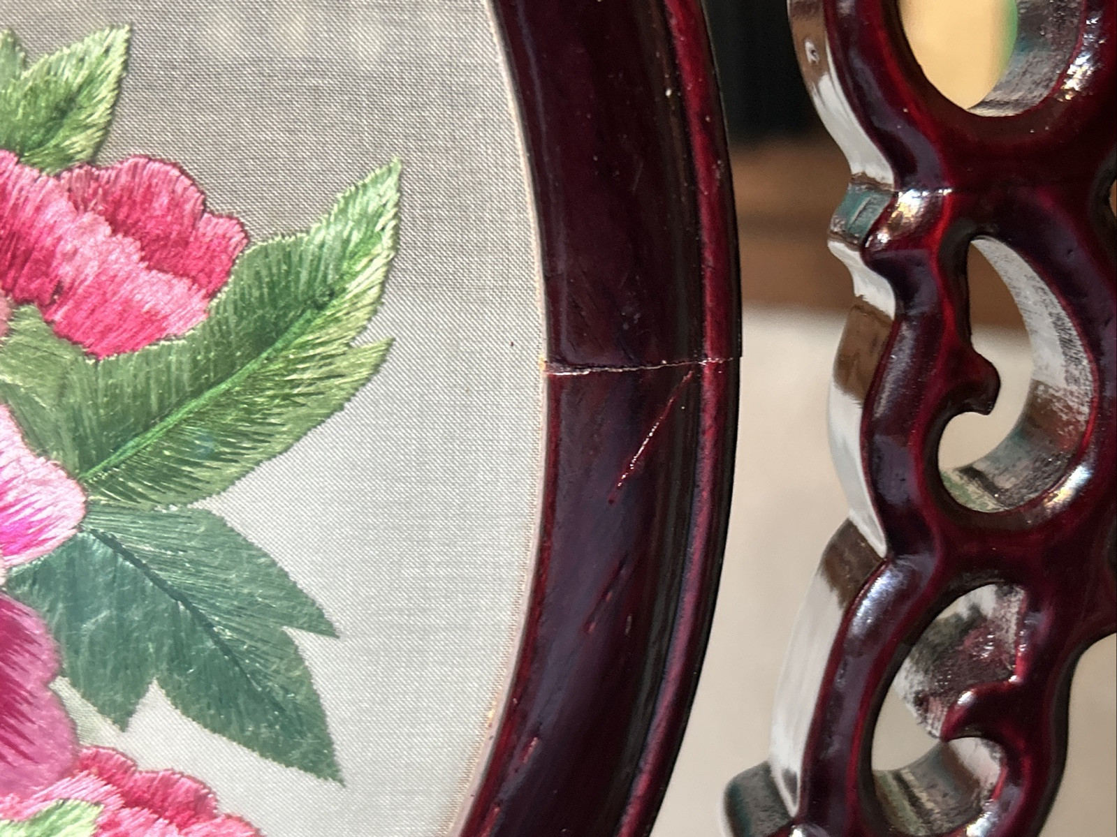 Chinese Double Sided Silk Embroidery Flowers 12″ Carved Wood Stand Peonies (d1)