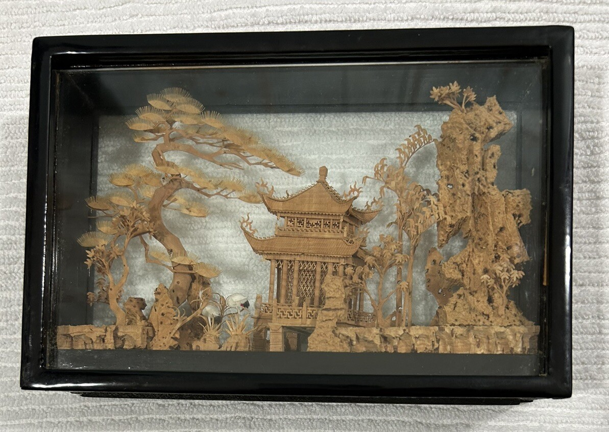 Chinese Carved Cork Art Shadow Box Pagoda Black Wood Frame 7.5”x5”