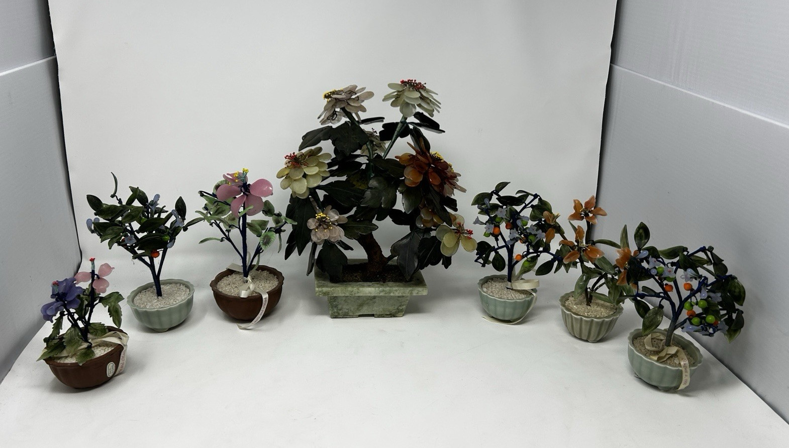 Vintage Chinese Jade Glass Bonsai Tree Lot of 7 Pink Quartz Flowers Pots⁠