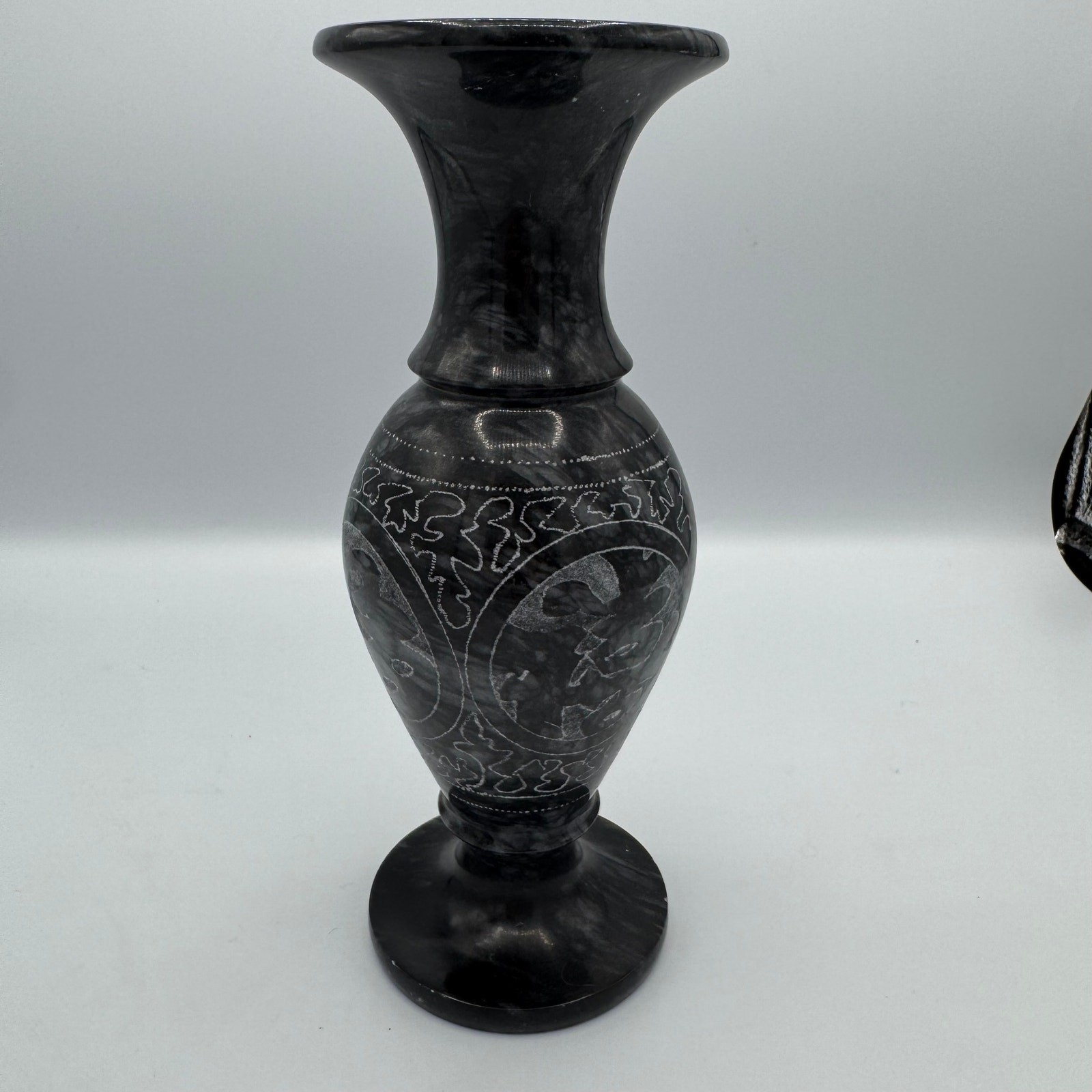 Hand-Carved Asian Black Stone Vase – 8” Tibetan or Chinese Style