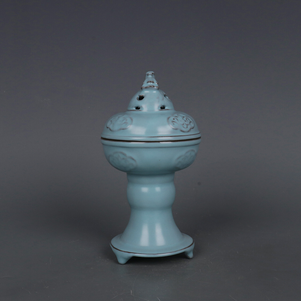 7.5″ Good Chinese Song Porcelain Ru Kiln Animal Foo Fu Dog Lion Incense Burner