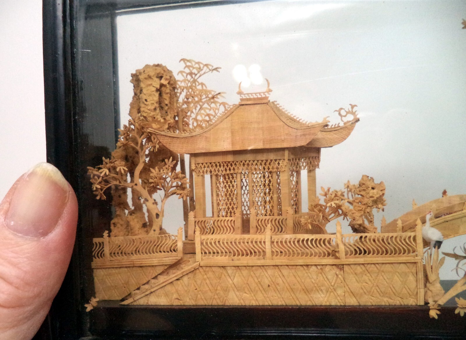 Vintage Hand-Carved Chinese Cork & Wood Diorama Encased In Glass & Wood Stand