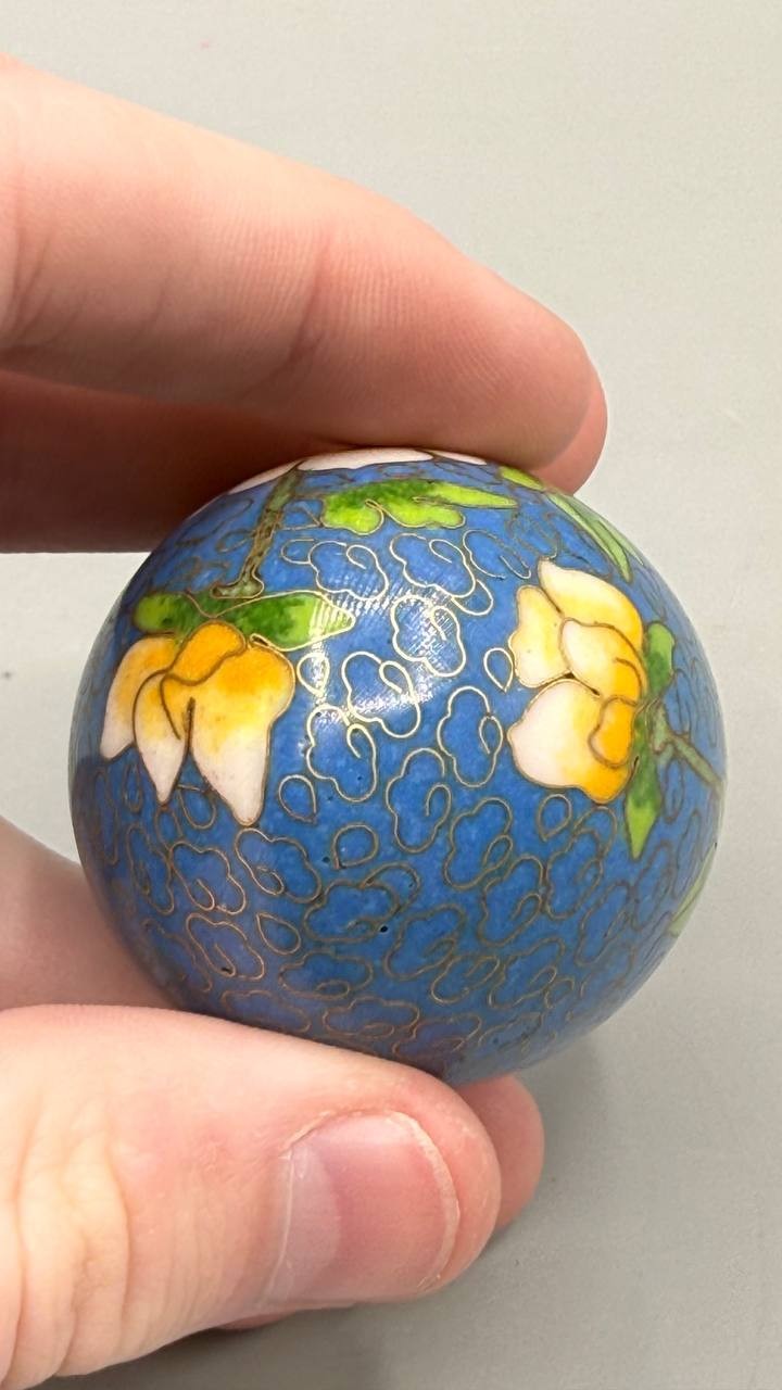 Vintage Chinese Cloisonné Enamel Egg Floral Blue w/ Stand 3″