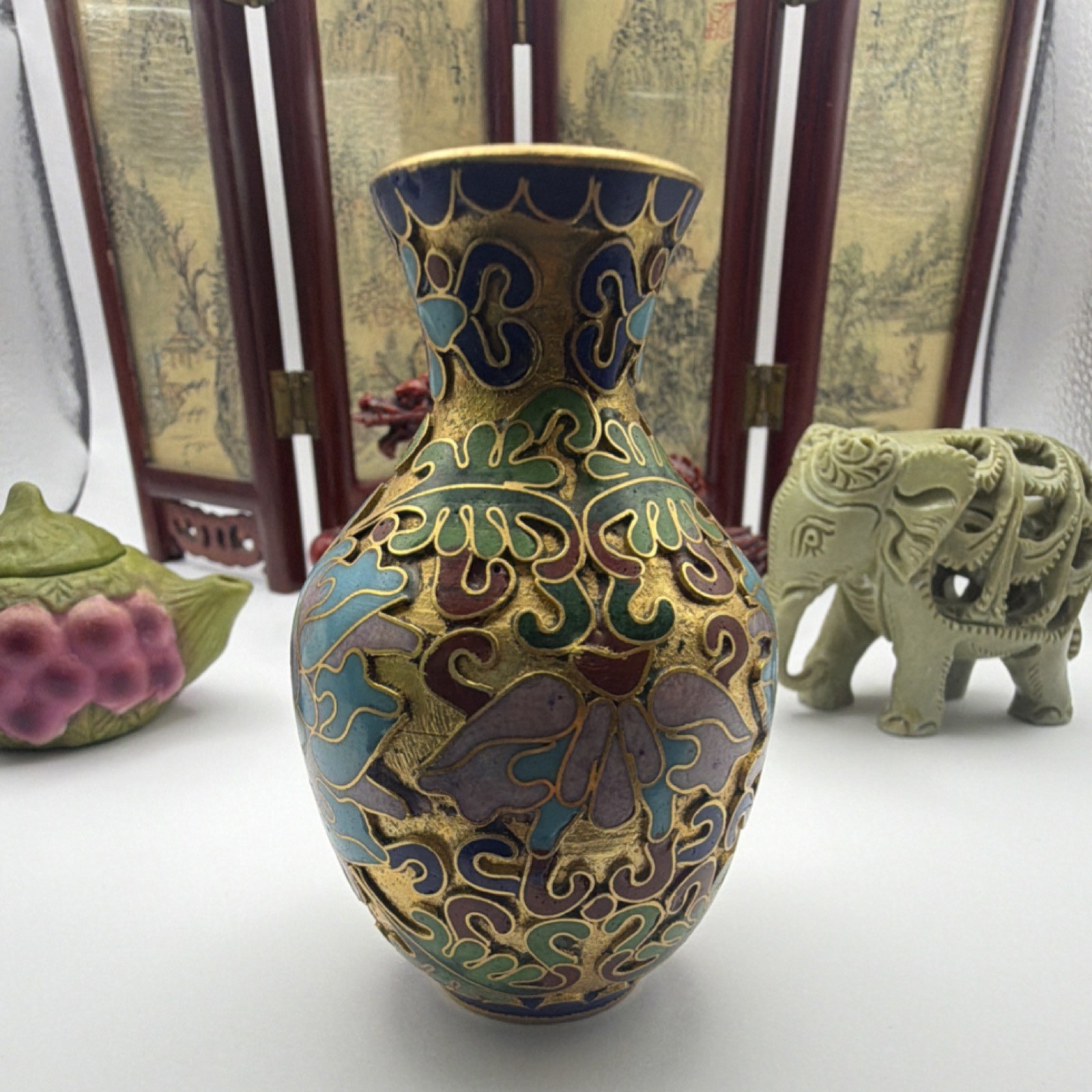 Antique Chinese Handmade Collectible Set: Vase, Teapot, Dragon, Elephant, Screen