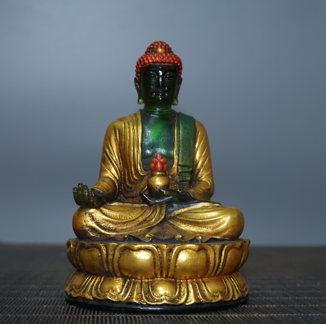 4.7″ Chinese Green Coloured Glaze Paintings Gild Buddhism Medicine Buddha Statue
