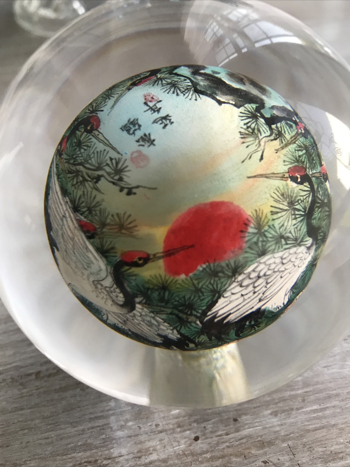 VTG Reverse Painted Glass Ball Sphere Paper Weight Oriental Asian Swan Bird